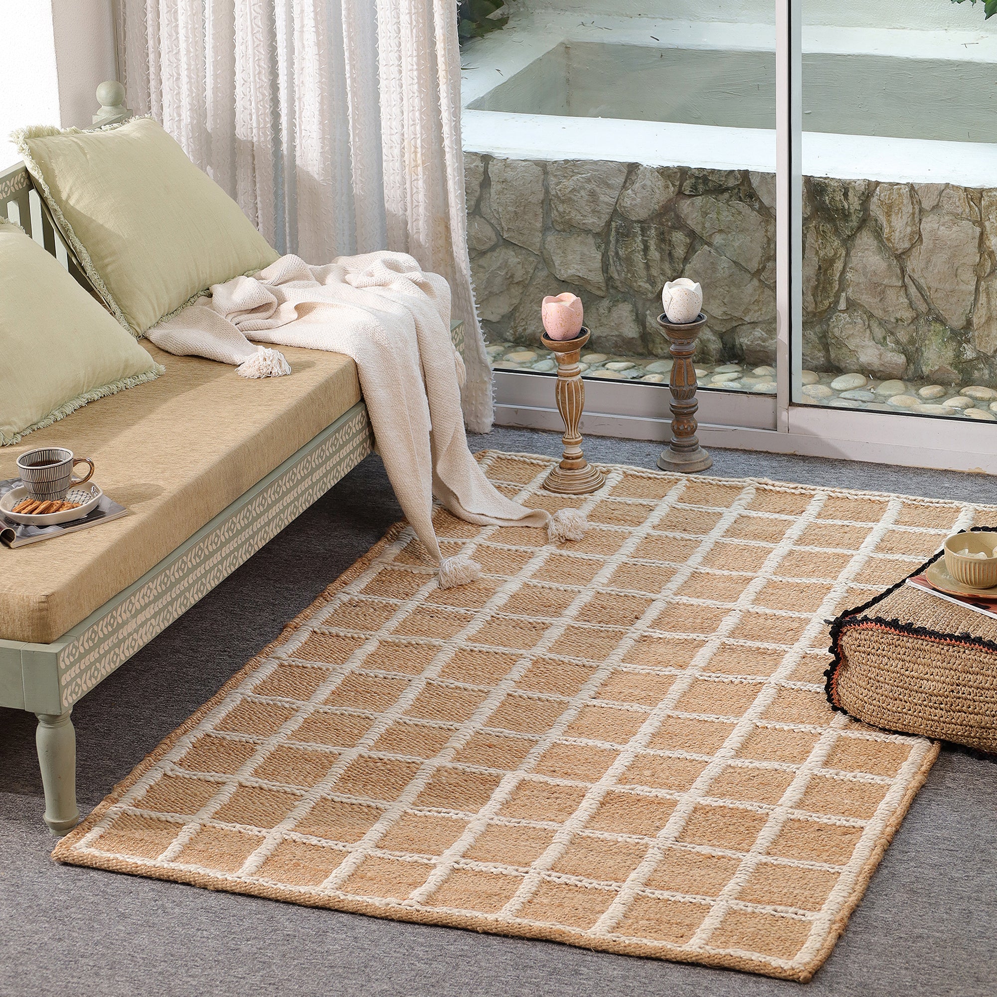Handwoven Geometric Jute & Cotton Area Rug | Natural Beige & Ivory Grid Pattern Rug