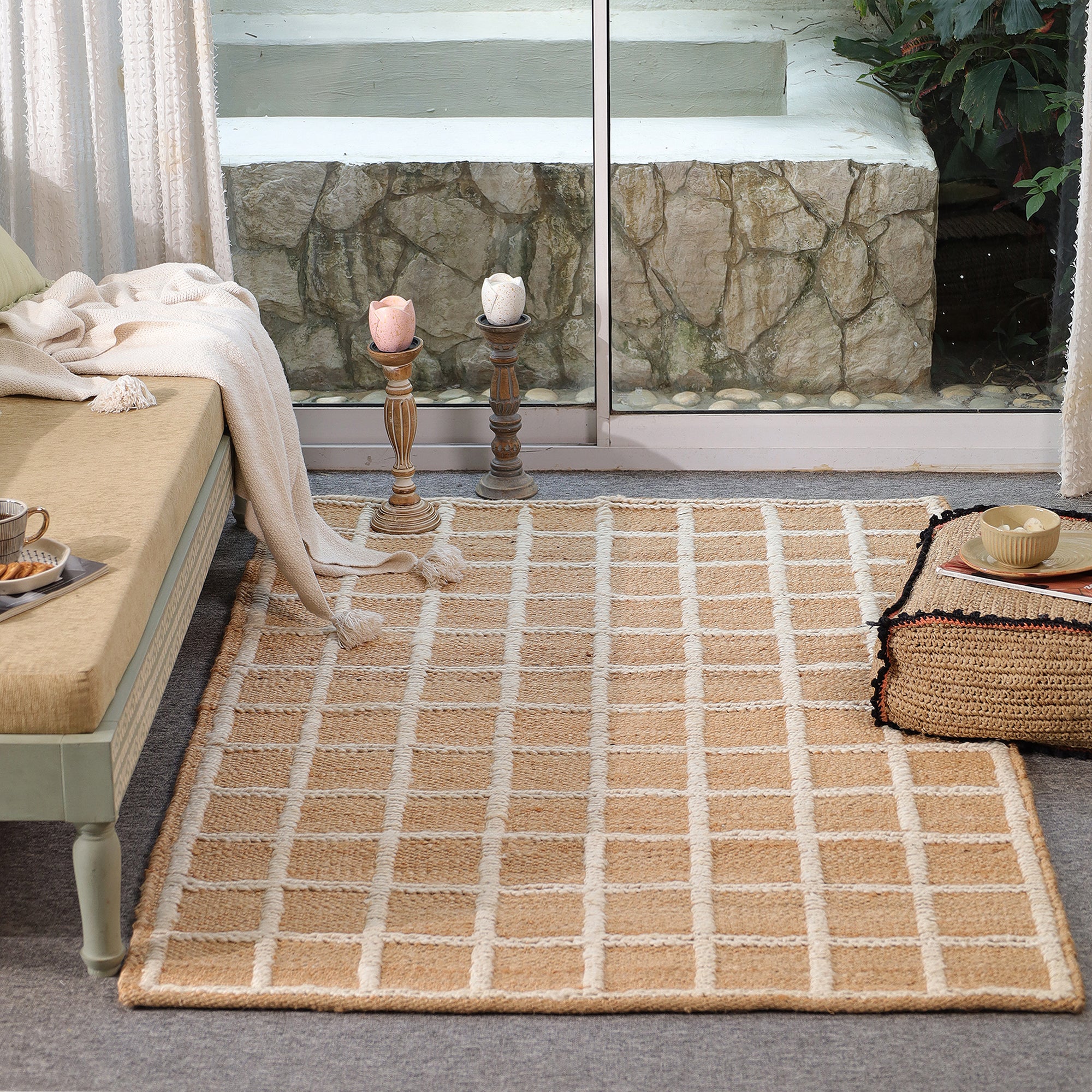 Handwoven Geometric Jute & Cotton Area Rug | Natural Beige & Ivory Grid Pattern Rug