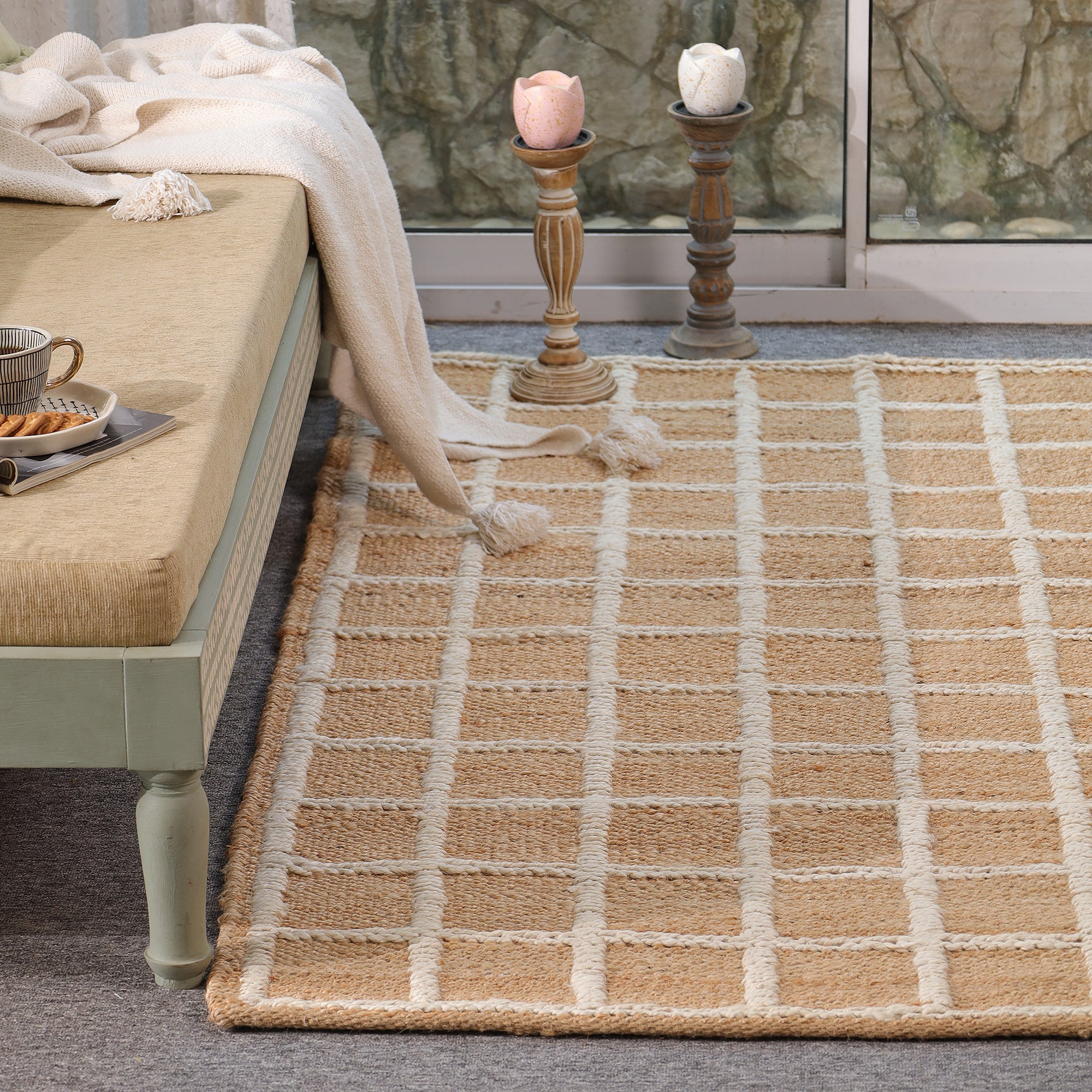 Handwoven Geometric Jute & Cotton Area Rug | Natural Beige & Ivory Grid Pattern Rug