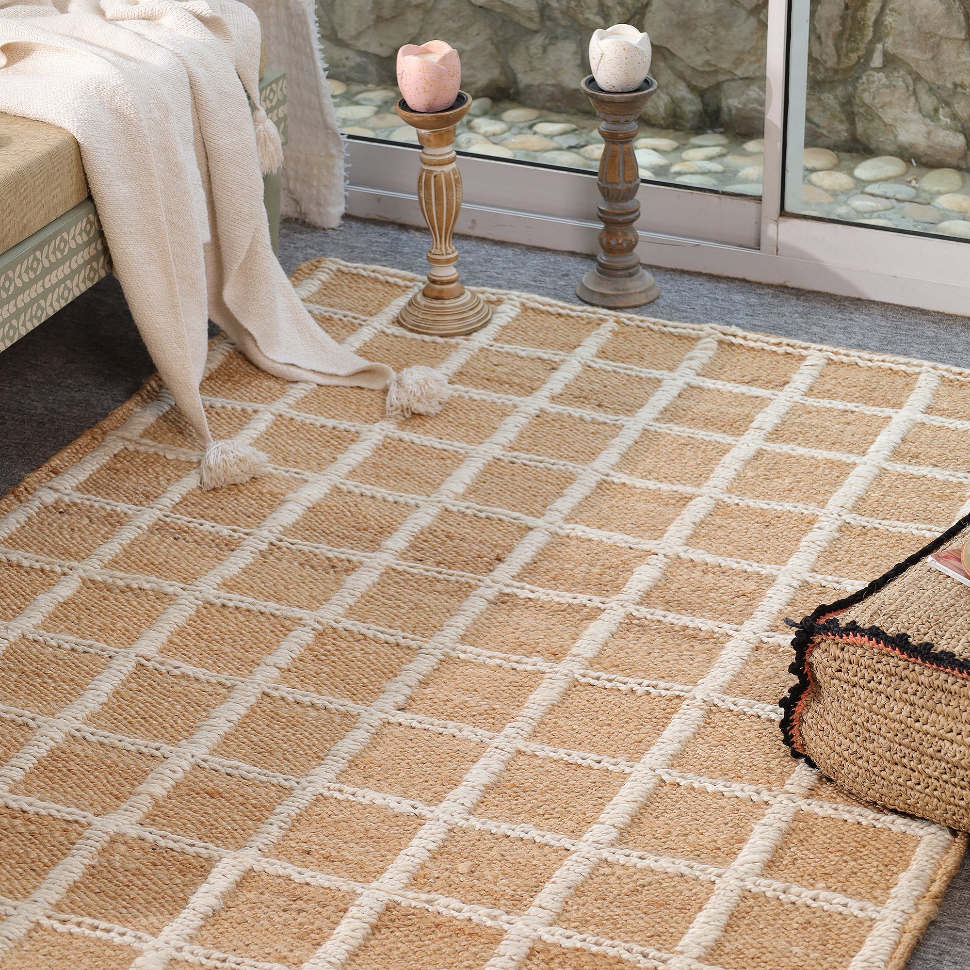 Handwoven Geometric Jute & Cotton Area Rug | Natural Beige & Ivory Grid Pattern Rug