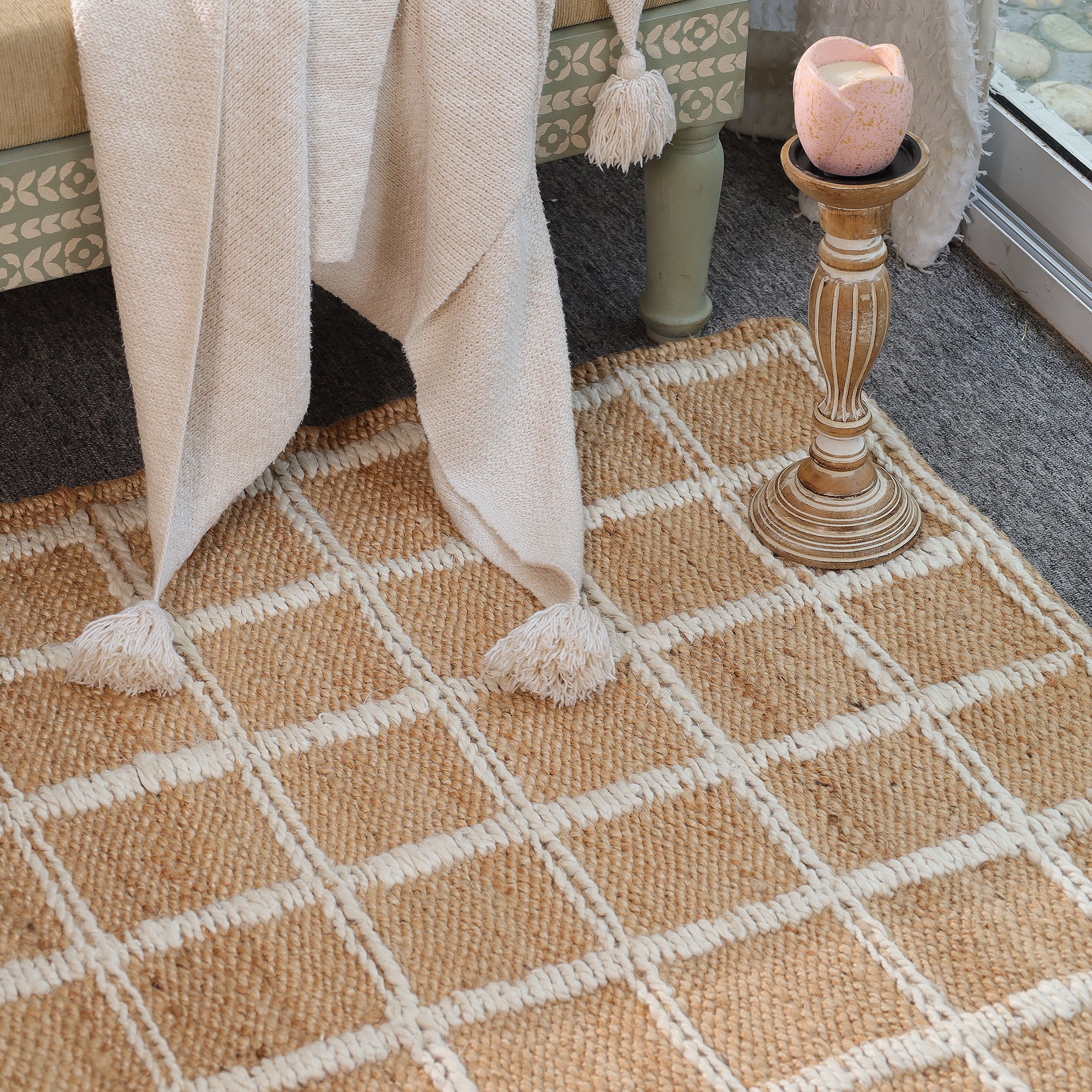 Handwoven Geometric Jute & Cotton Area Rug | Natural Beige & Ivory Grid Pattern Rug