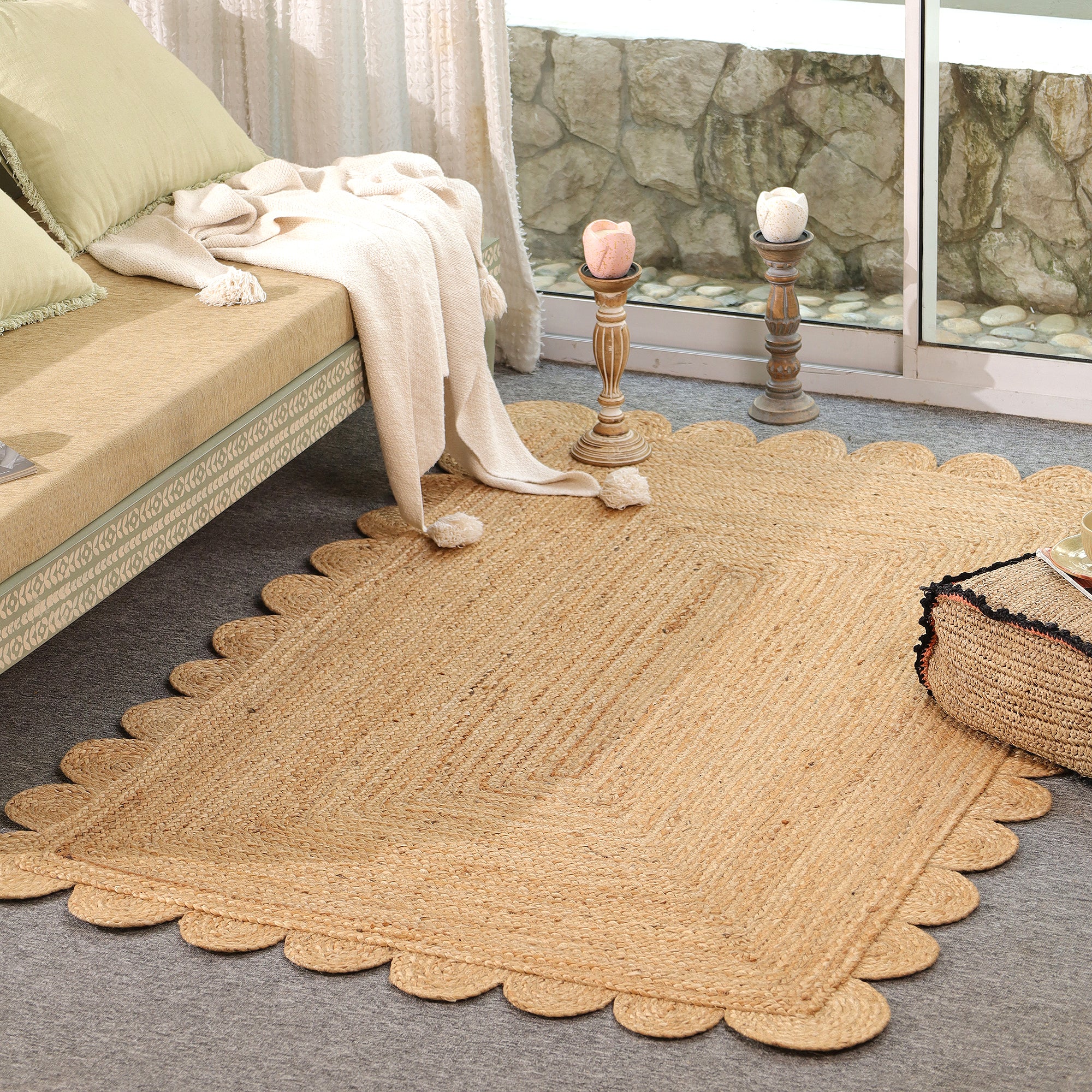 Handwoven Natural Scalloped Jute Area Rug – Boho Farmhouse Living Room Carpet