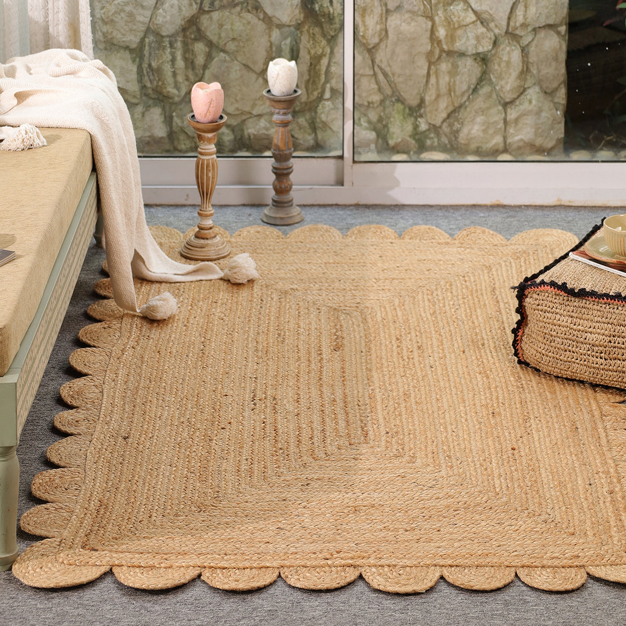 Handwoven Natural Scalloped Jute Area Rug – Boho Farmhouse Living Room Carpet