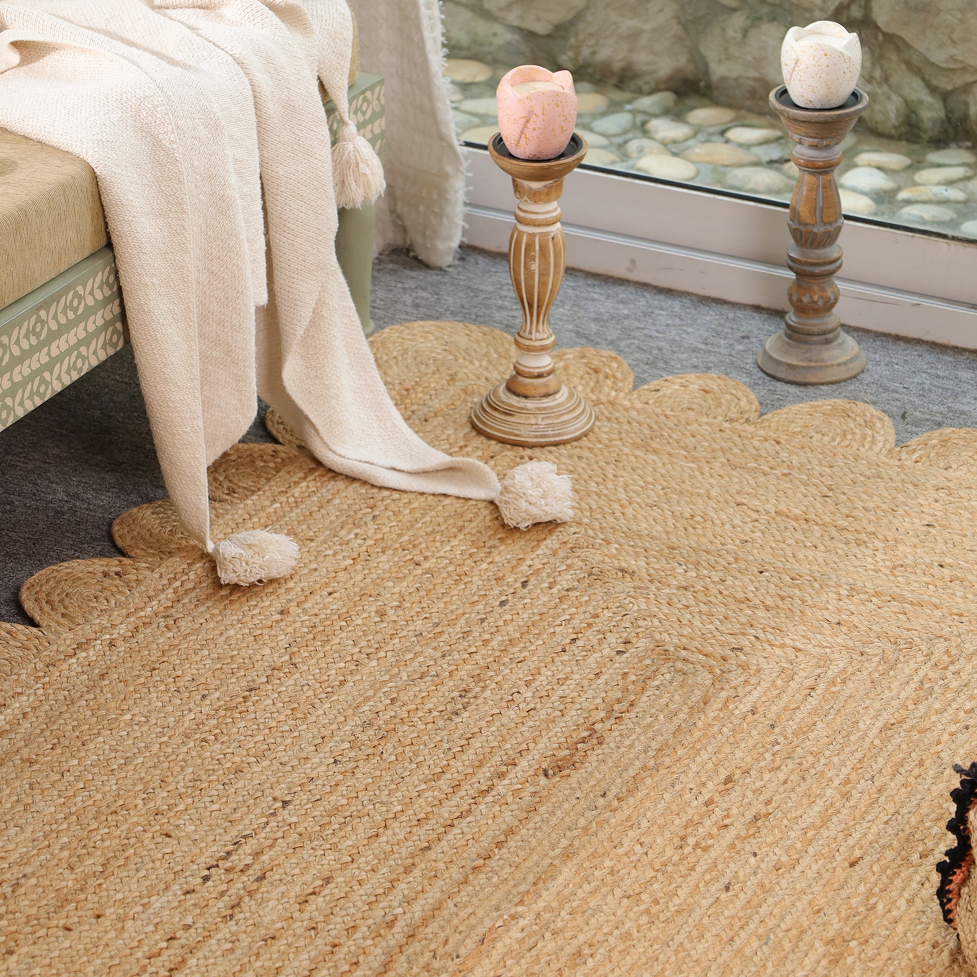 Handwoven Natural Scalloped Jute Area Rug – Boho Farmhouse Living Room Carpet
