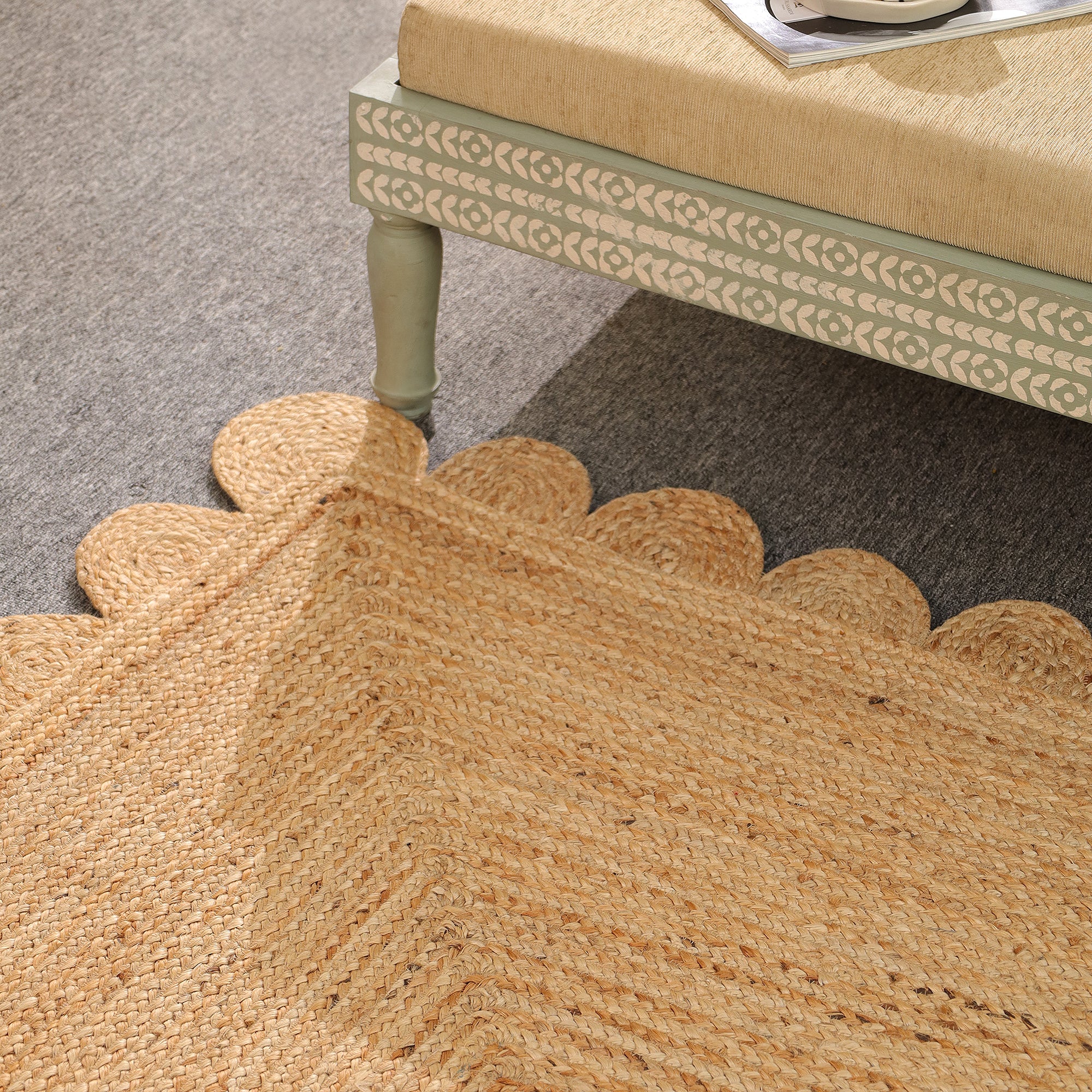 Handwoven Natural Scalloped Jute Area Rug – Boho Farmhouse Living Room Carpet