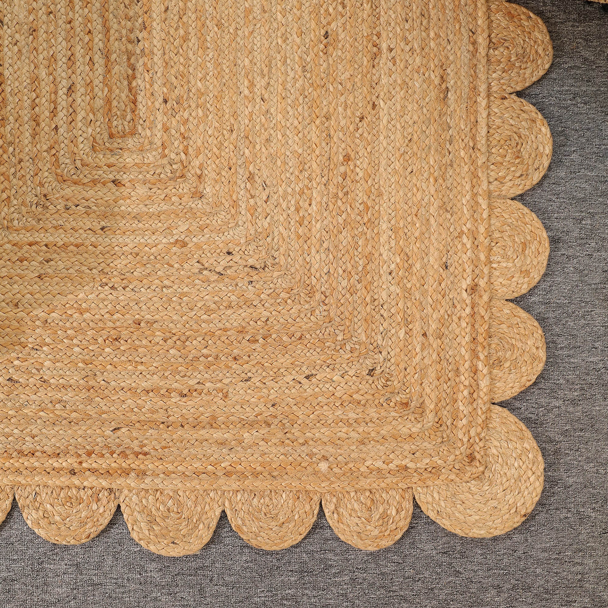 Handwoven Natural Scalloped Jute Area Rug – Boho Farmhouse Living Room Carpet