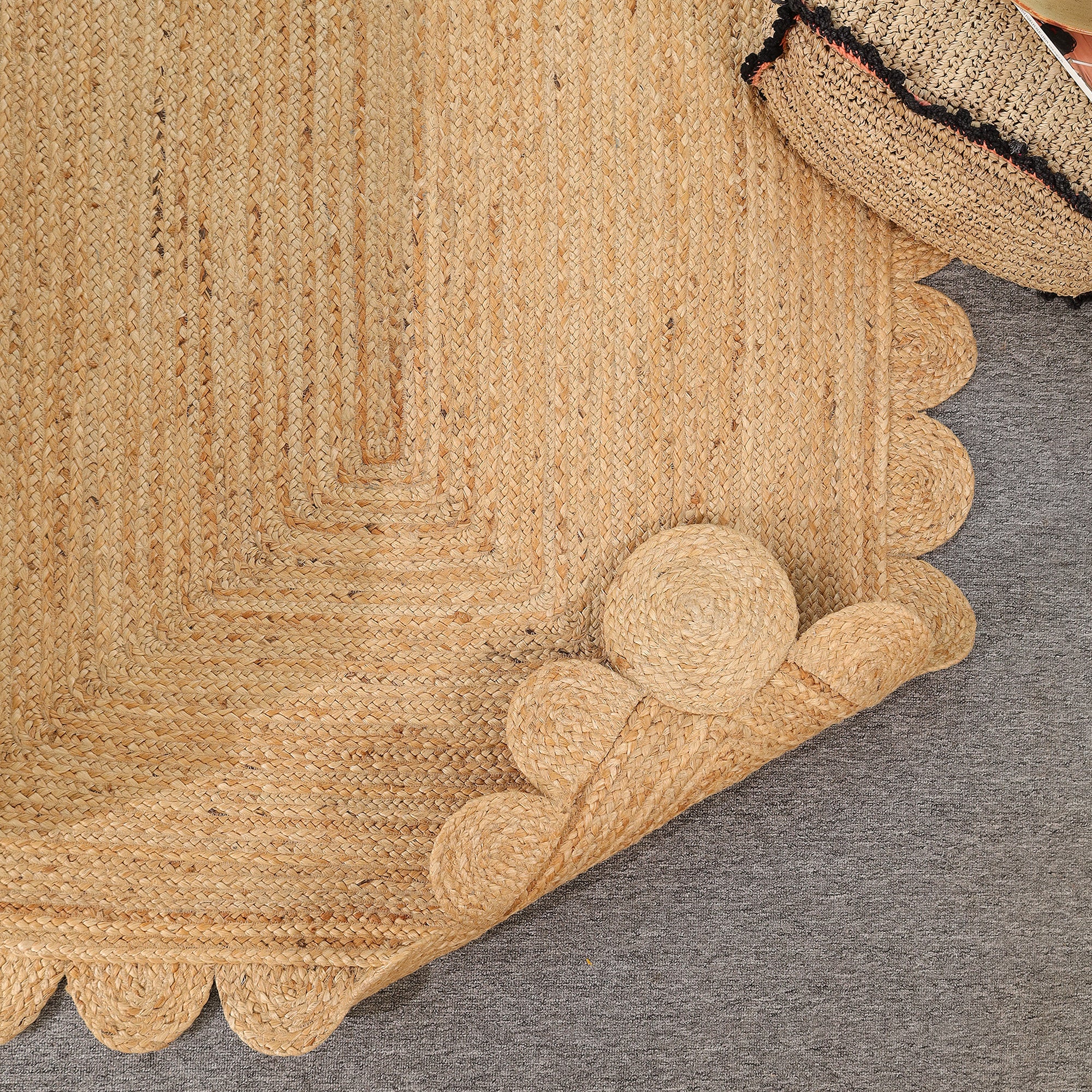 Handwoven Natural Scalloped Jute Area Rug – Boho Farmhouse Living Room Carpet