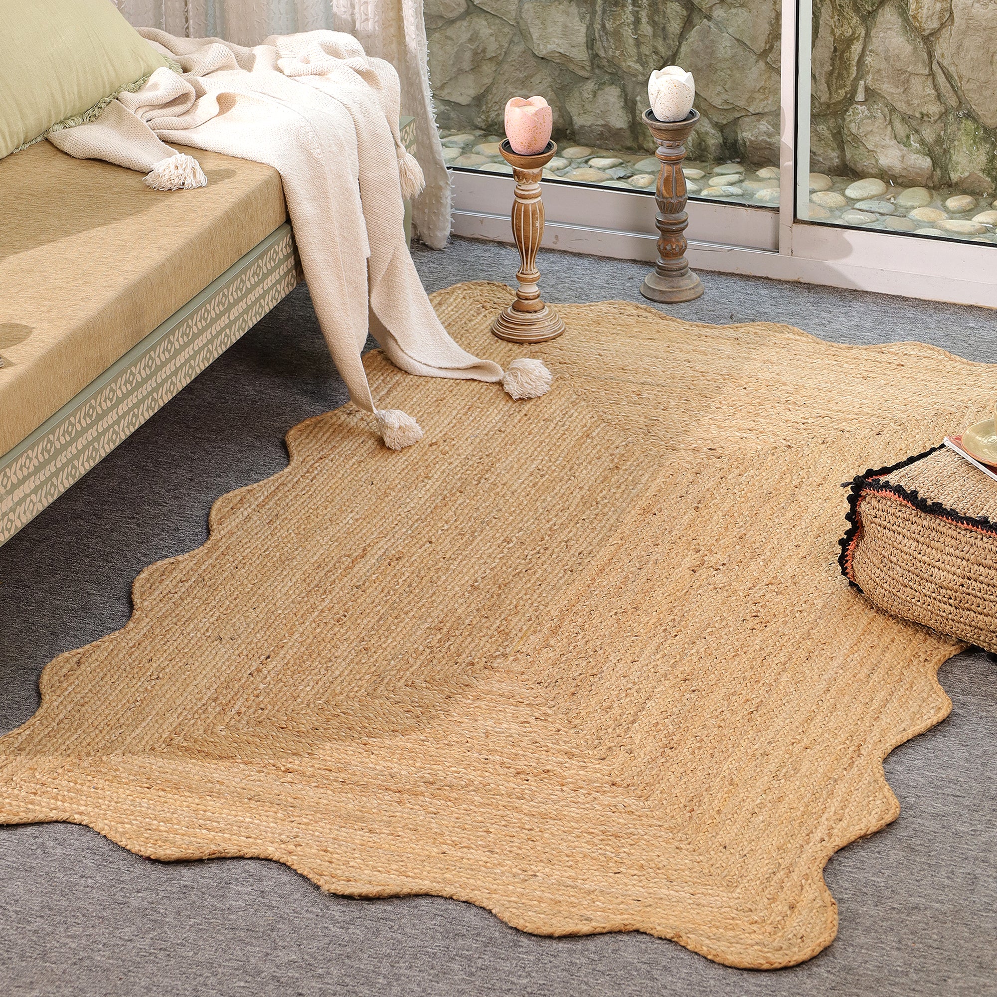 Handmade Scalloped Edge Natural Jute Area Rug Boho Woven Rug Farmhouse Living Room