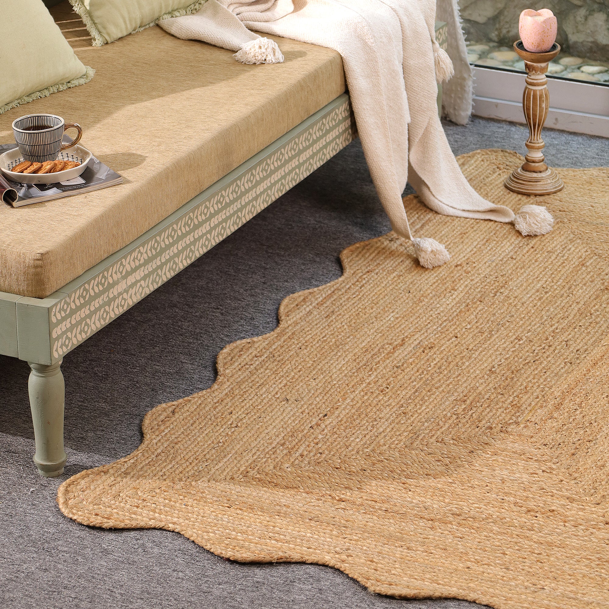 Handmade Scalloped Edge Natural Jute Area Rug Boho Woven Rug Farmhouse Living Room