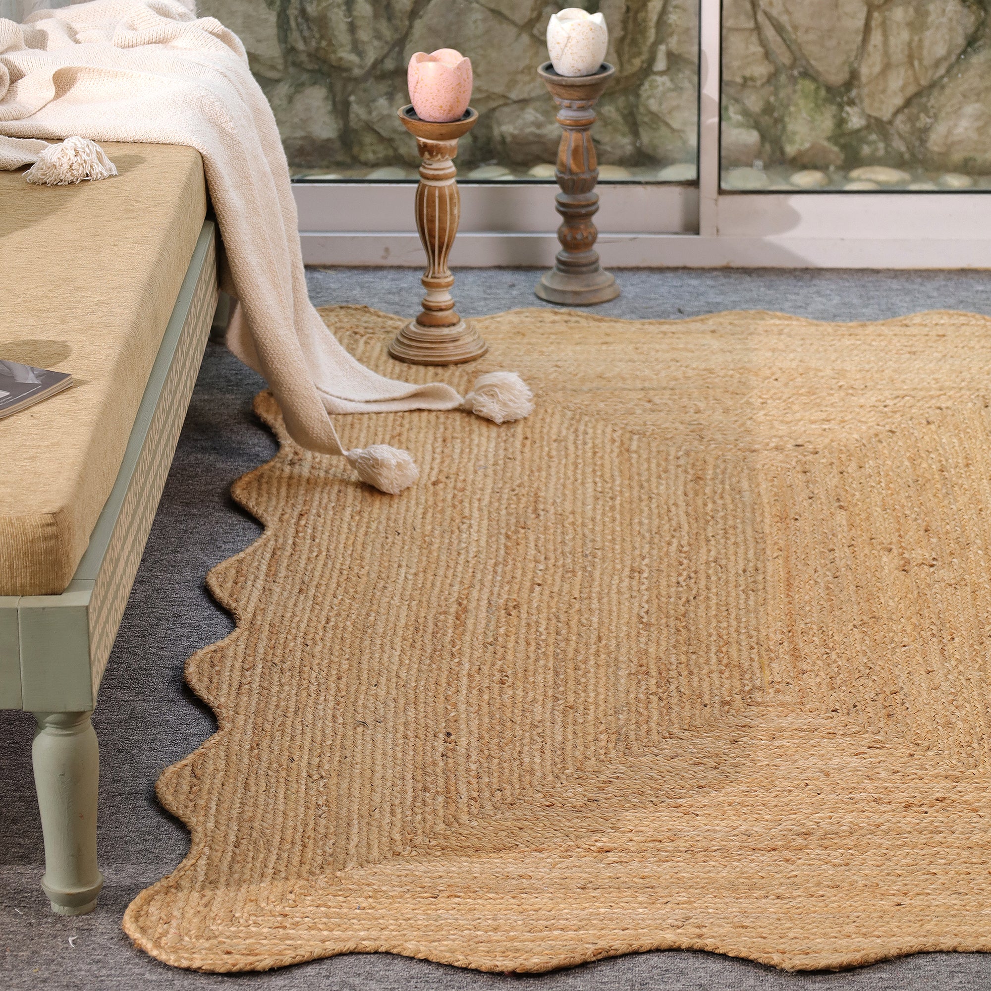 Handmade Scalloped Edge Natural Jute Area Rug Boho Woven Rug Farmhouse Living Room