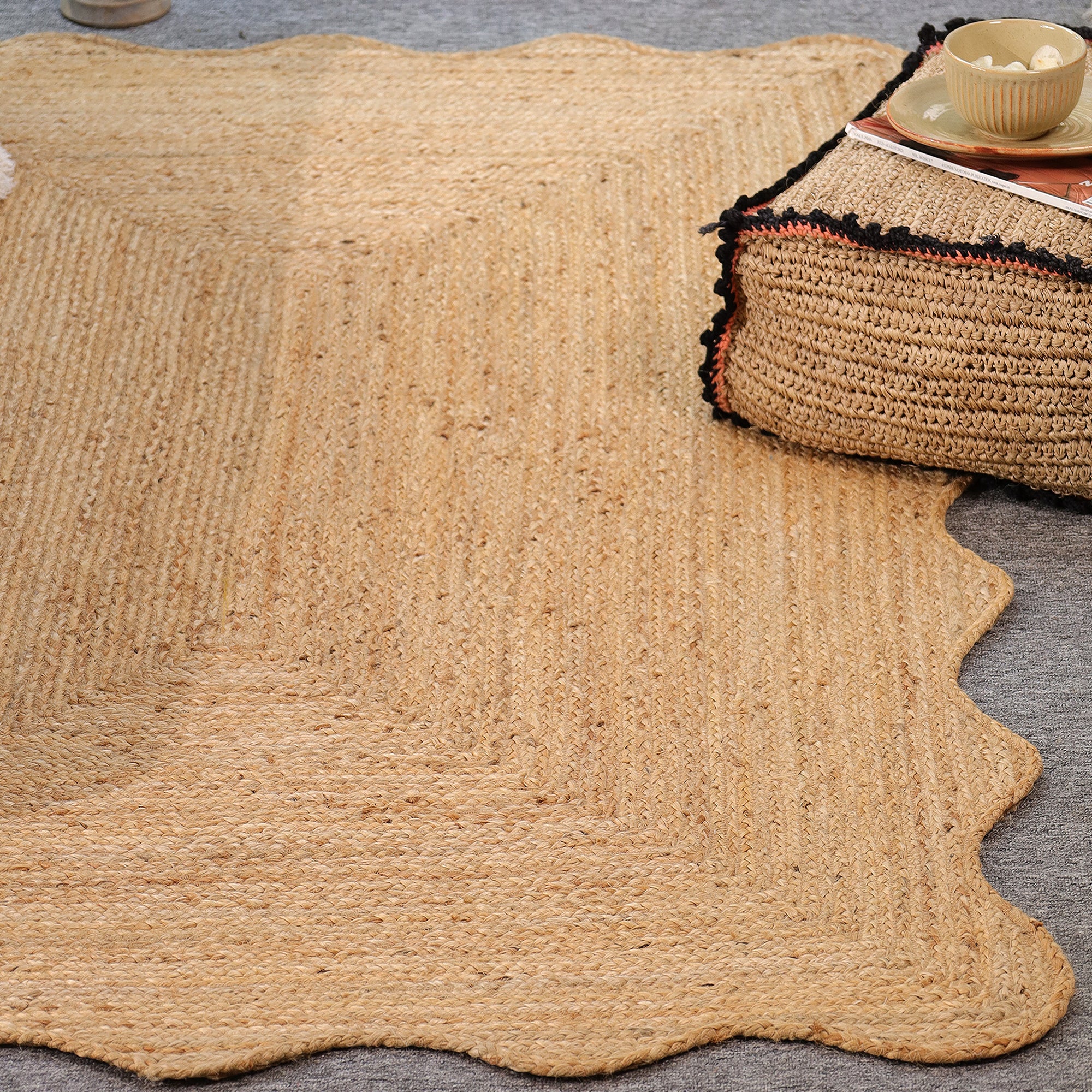Handmade Scalloped Edge Natural Jute Area Rug Boho Woven Rug Farmhouse Living Room