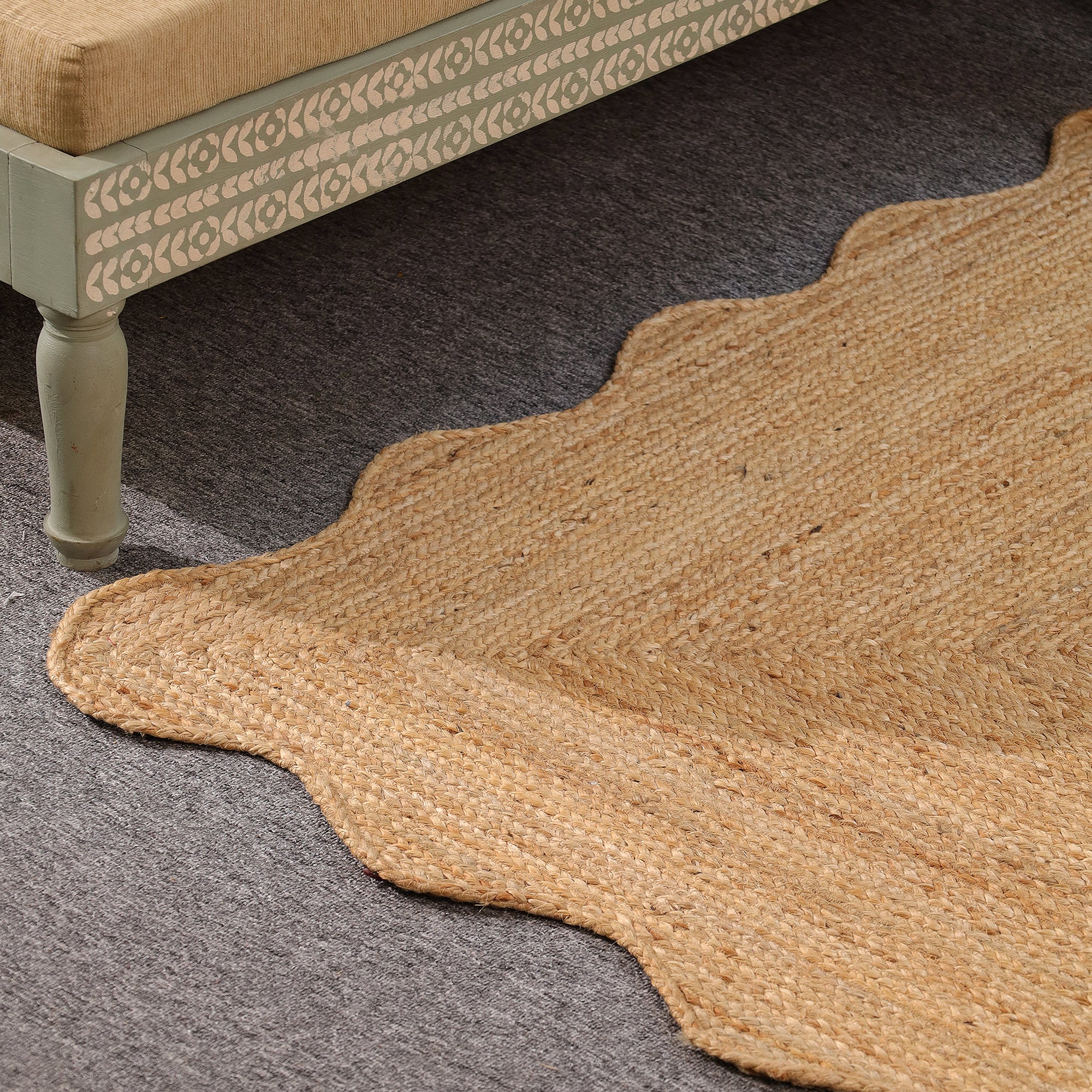 Handmade Scalloped Edge Natural Jute Area Rug Boho Woven Rug Farmhouse Living Room