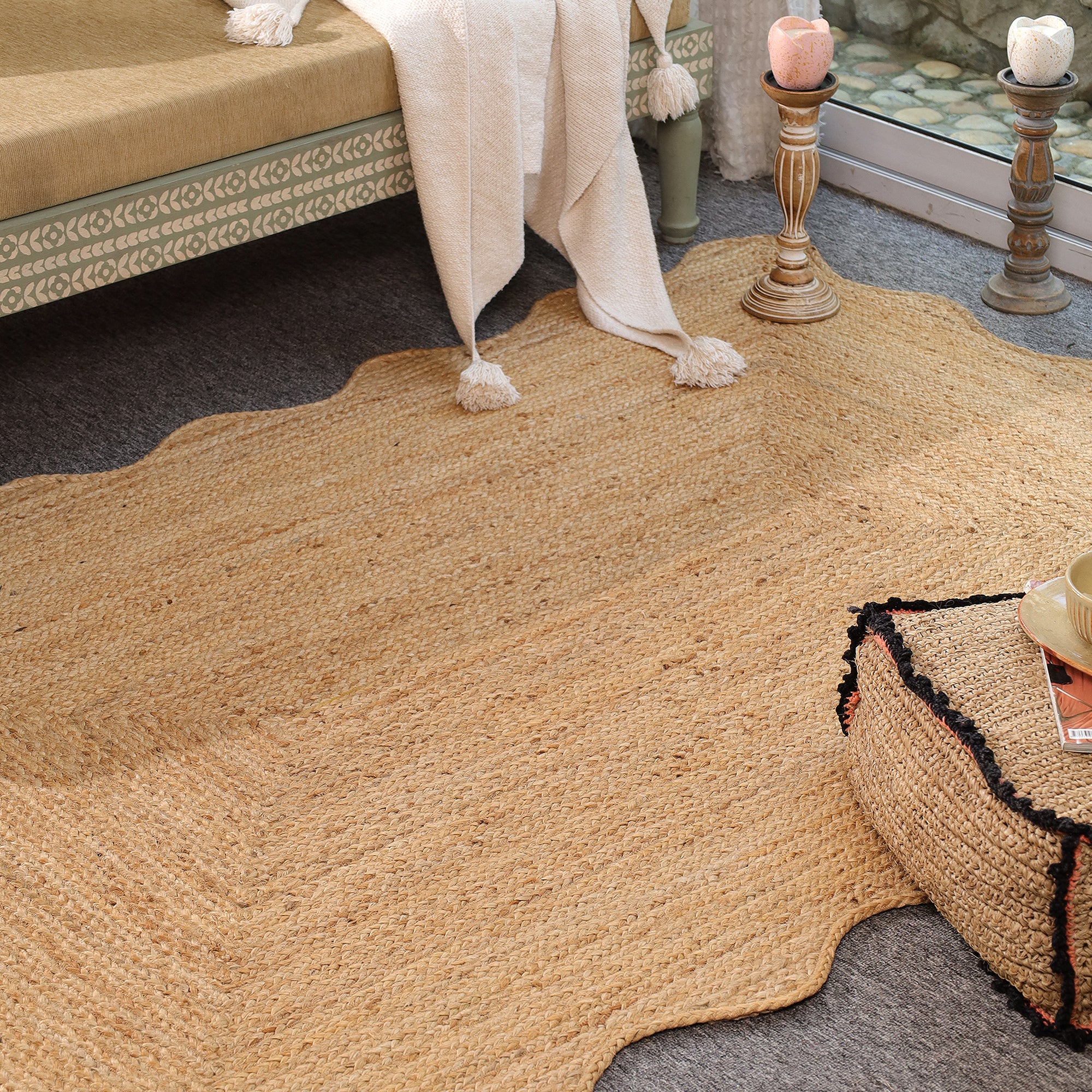 Handmade Scalloped Edge Natural Jute Area Rug Boho Woven Rug Farmhouse Living Room