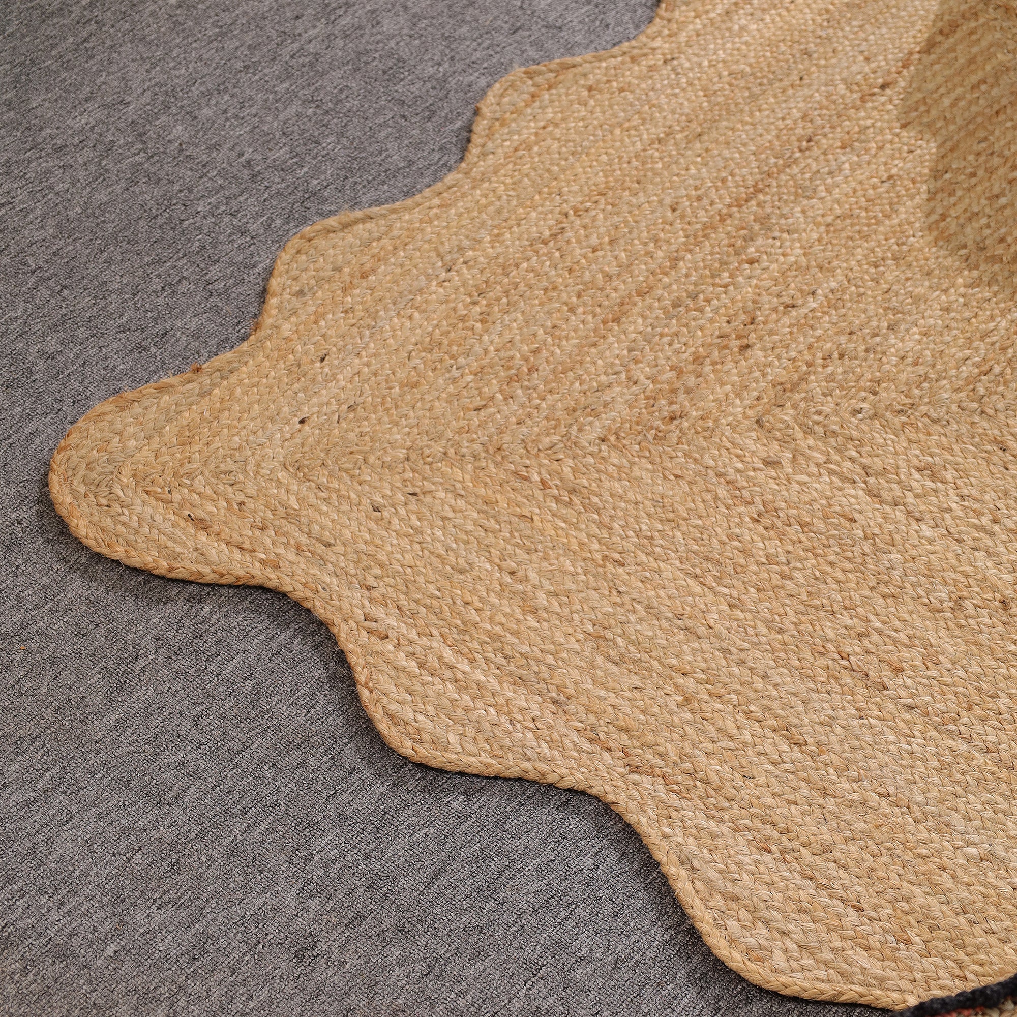 Handmade Scalloped Edge Natural Jute Area Rug Boho Woven Rug Farmhouse Living Room