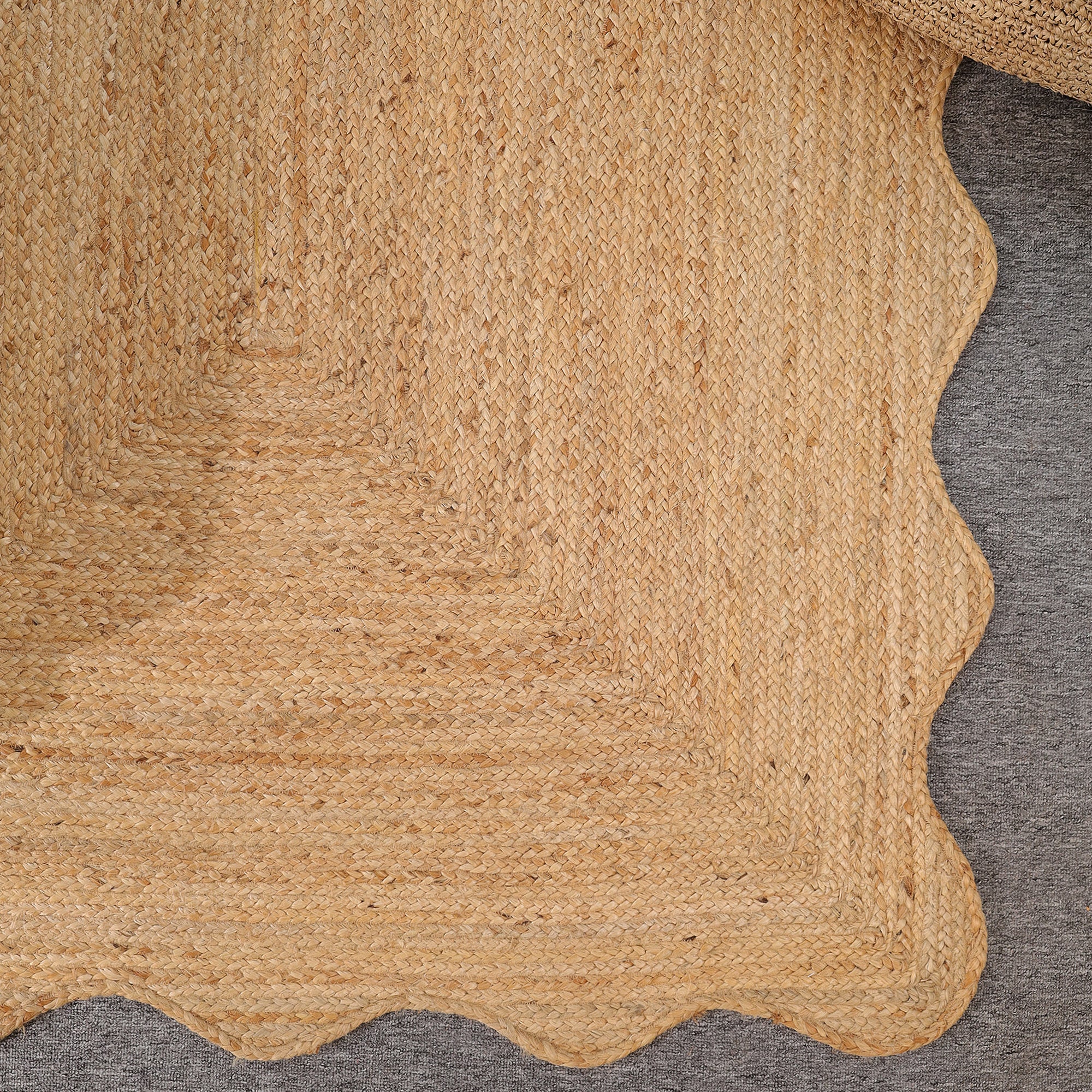 Handmade Scalloped Edge Natural Jute Area Rug Boho Woven Rug Farmhouse Living Room