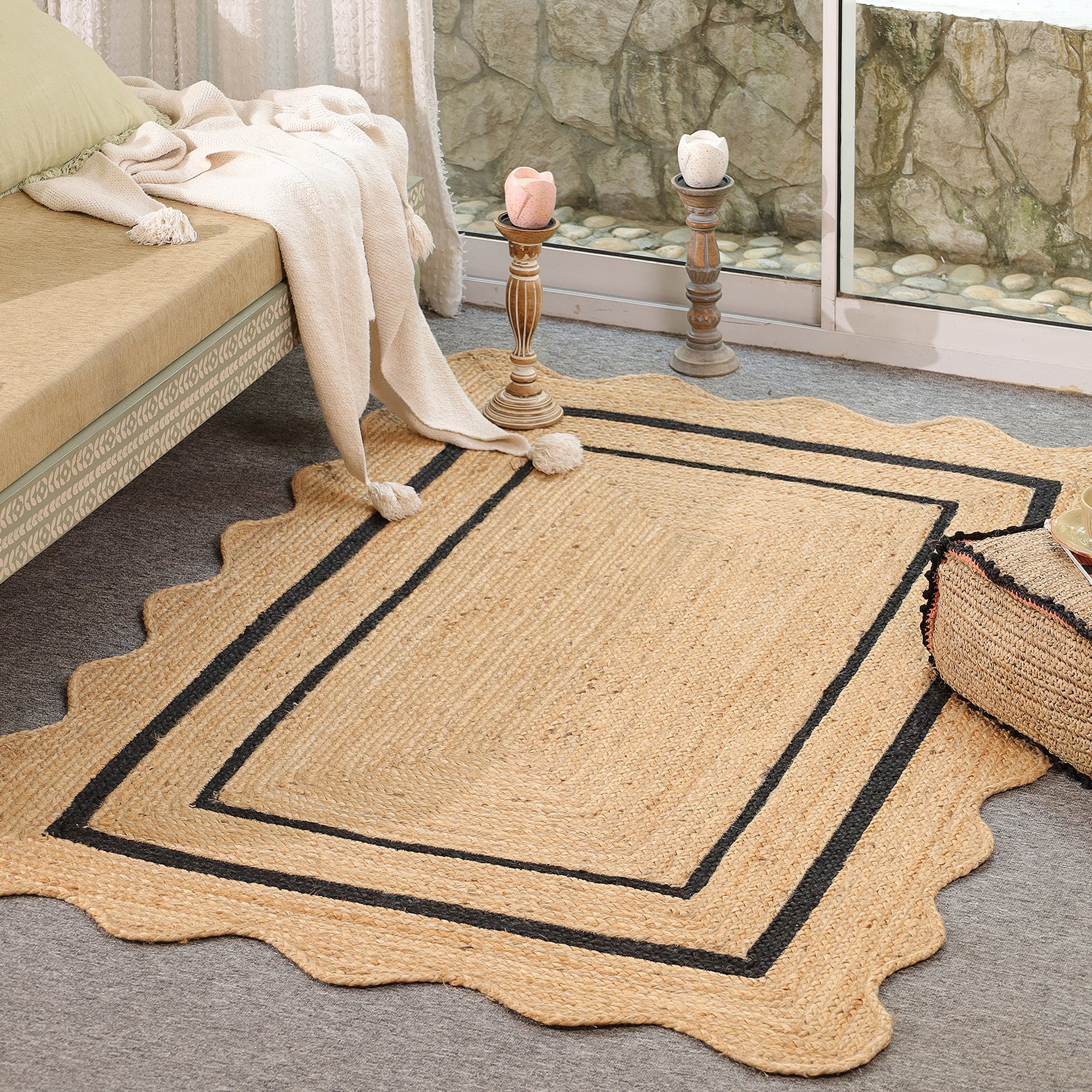 Natural Handwoven Jute Area Rug with Black Border- Scalloped Boho Farmhouse