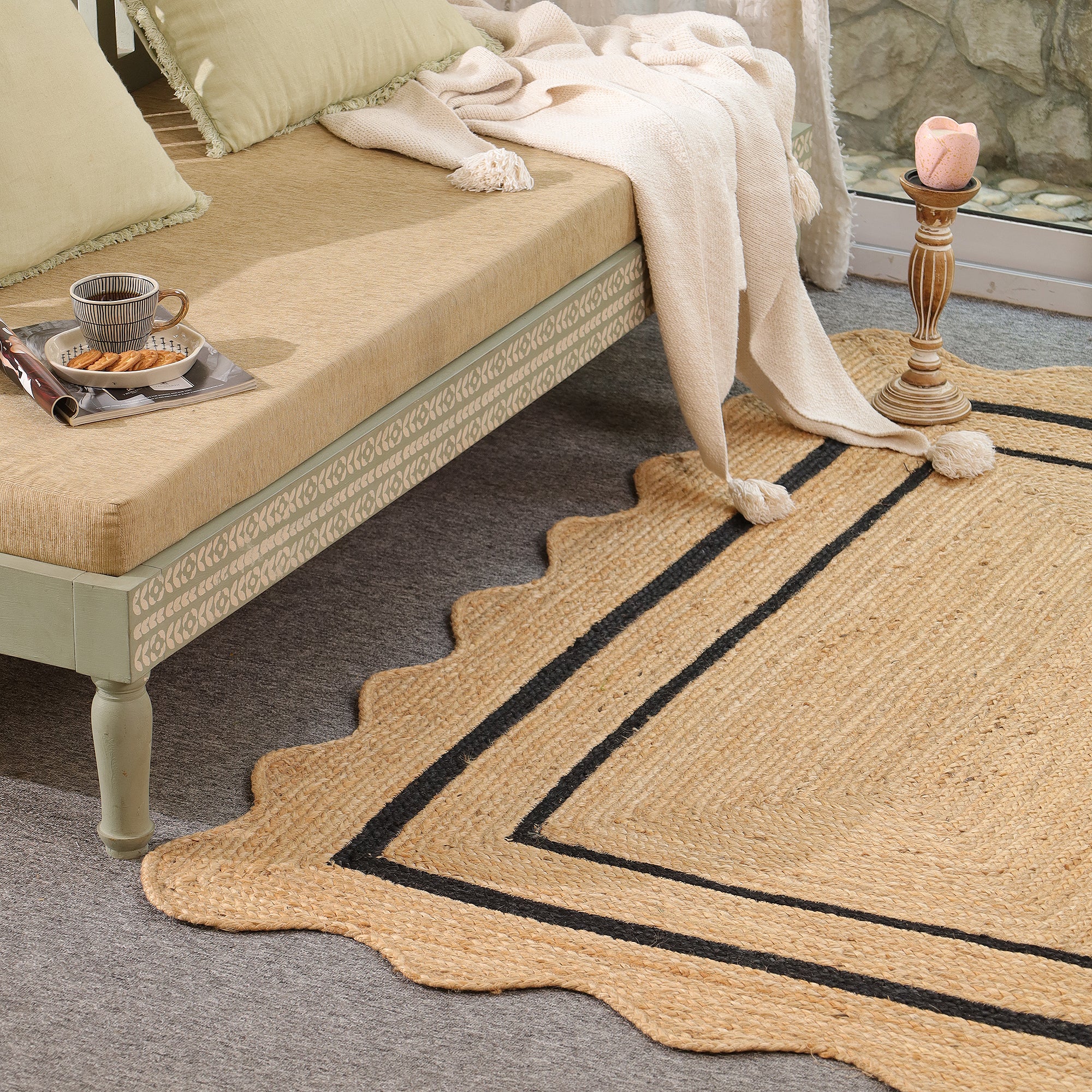 Natural Handwoven Jute Area Rug with Black Border- Scalloped Boho Farmhouse