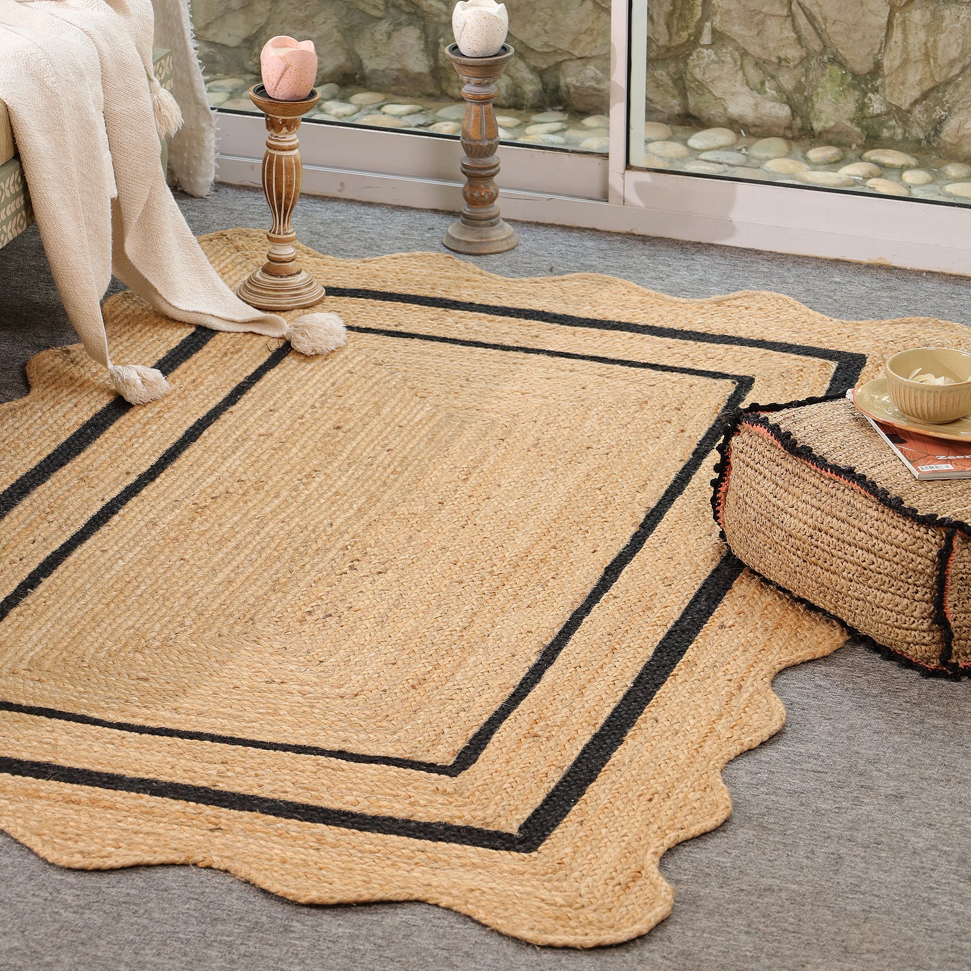 Natural Handwoven Jute Area Rug with Black Border- Scalloped Boho Farmhouse