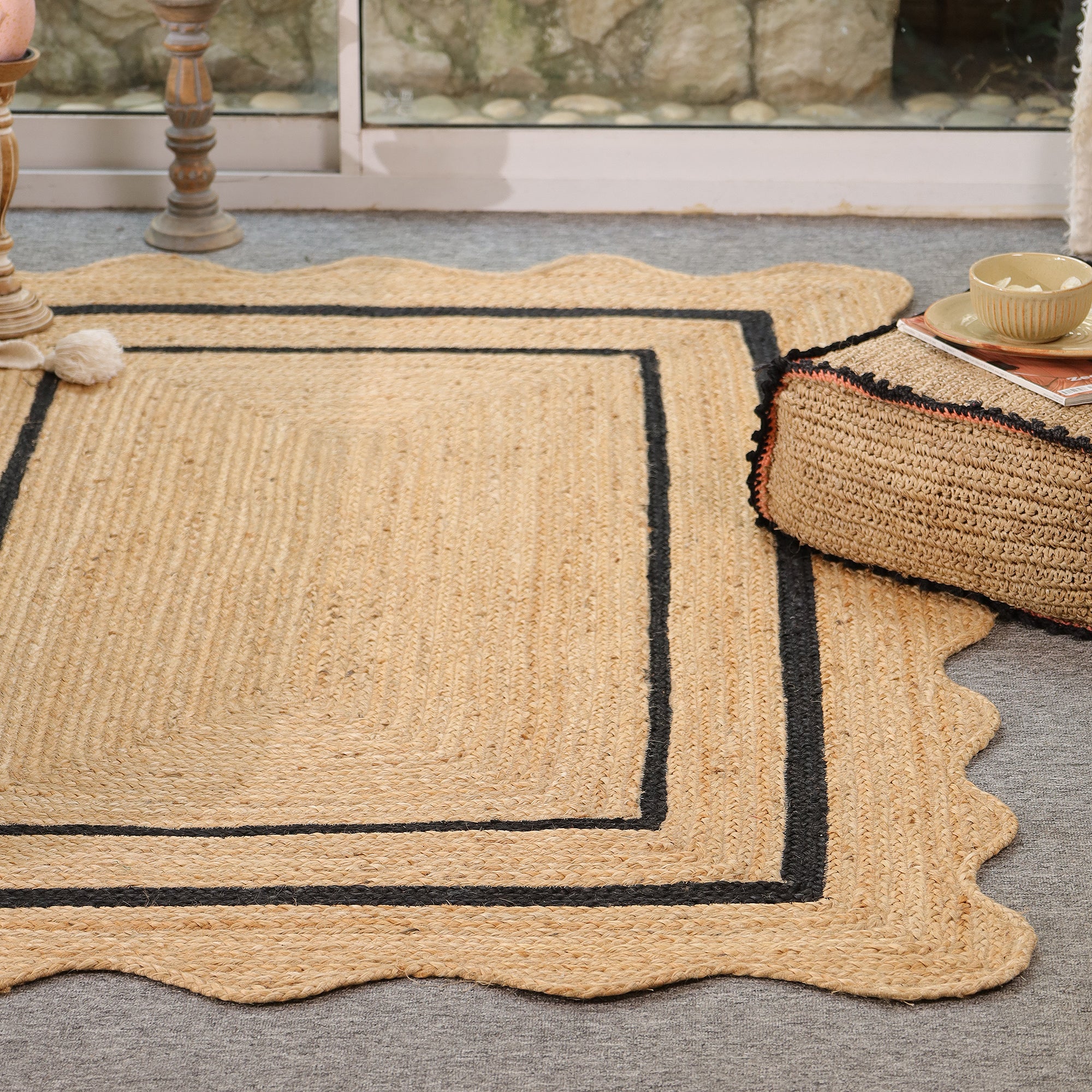 Natural Handwoven Jute Area Rug with Black Border- Scalloped Boho Farmhouse