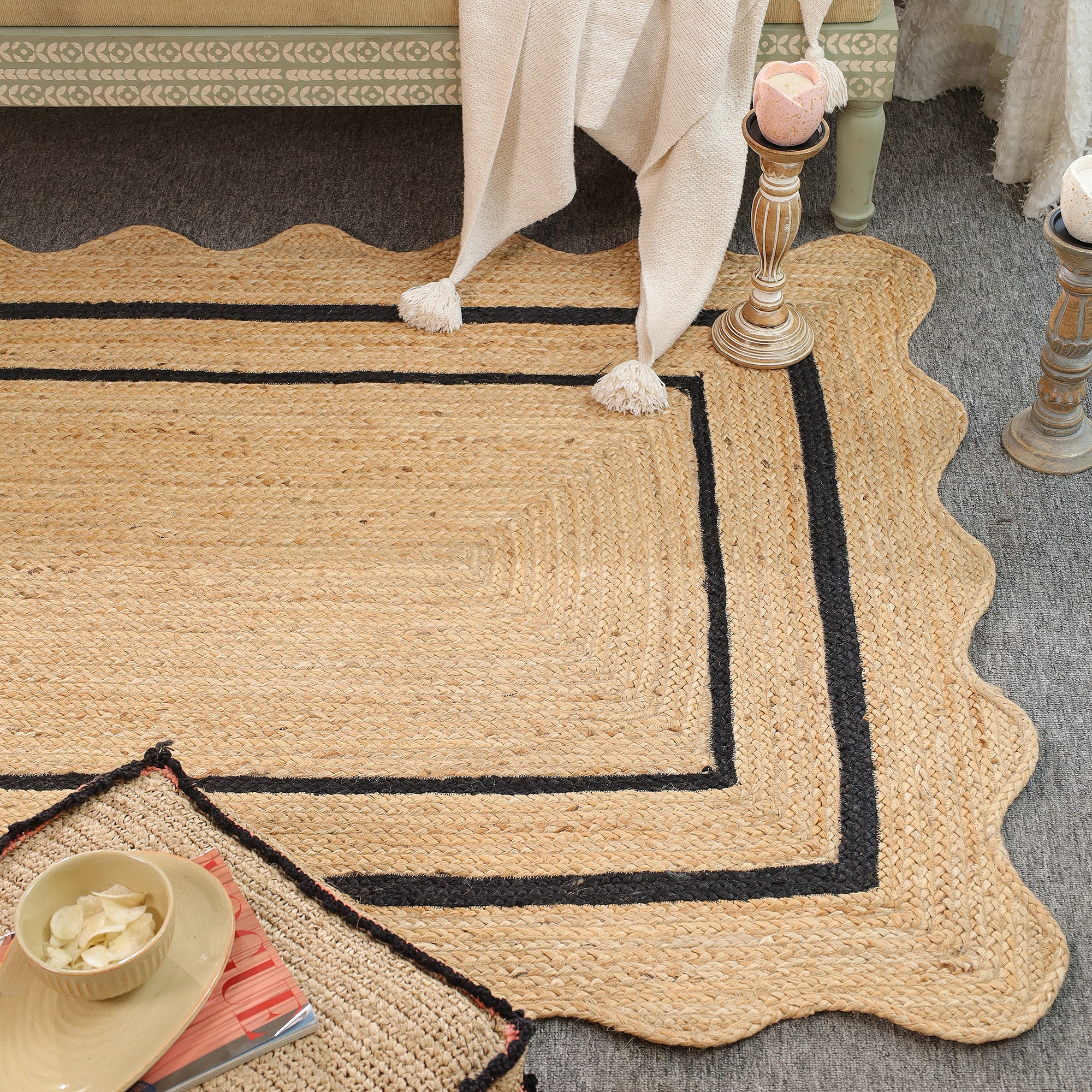 Natural Handwoven Jute Area Rug with Black Border- Scalloped Boho Farmhouse