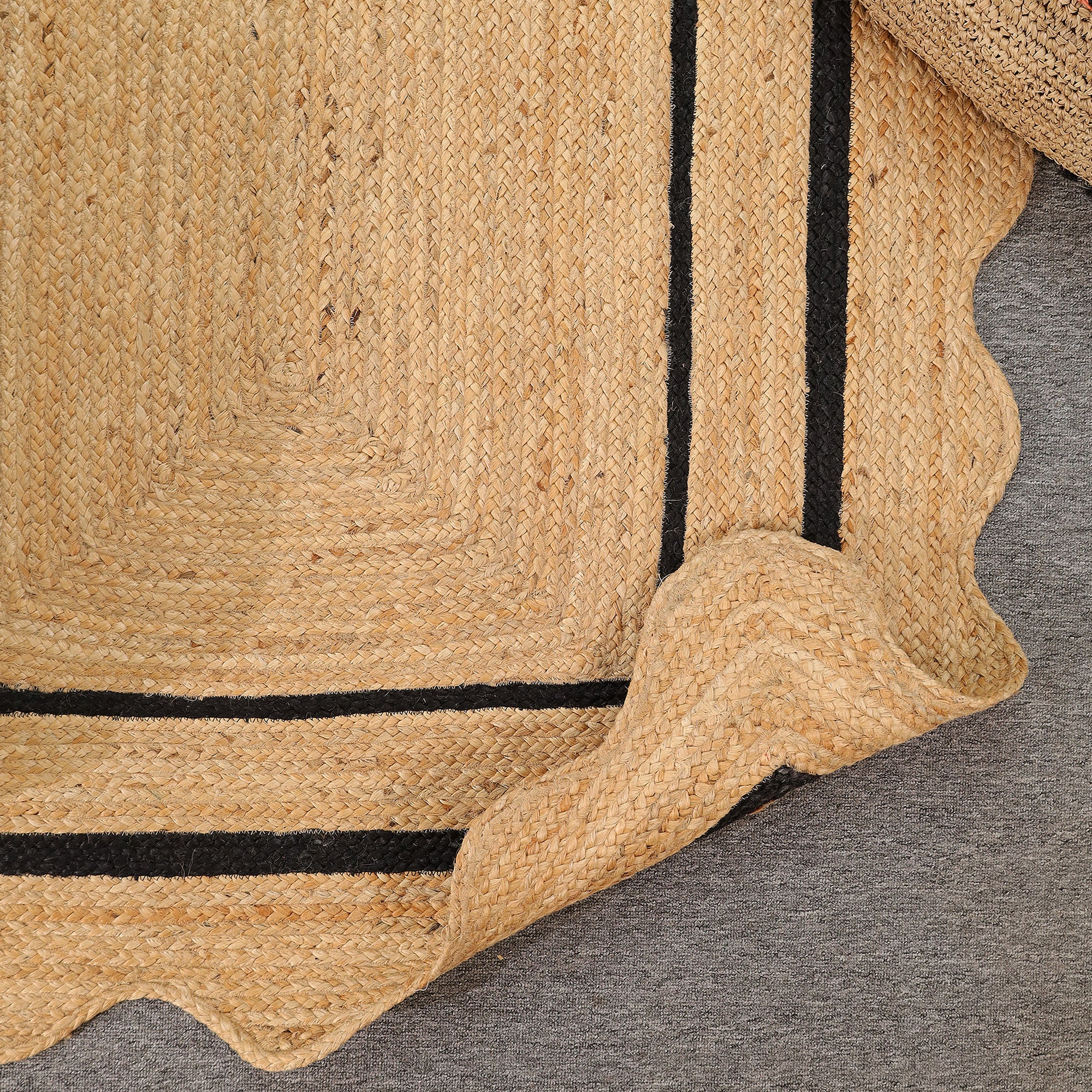 Natural Handwoven Jute Area Rug with Black Border- Scalloped Boho Farmhouse