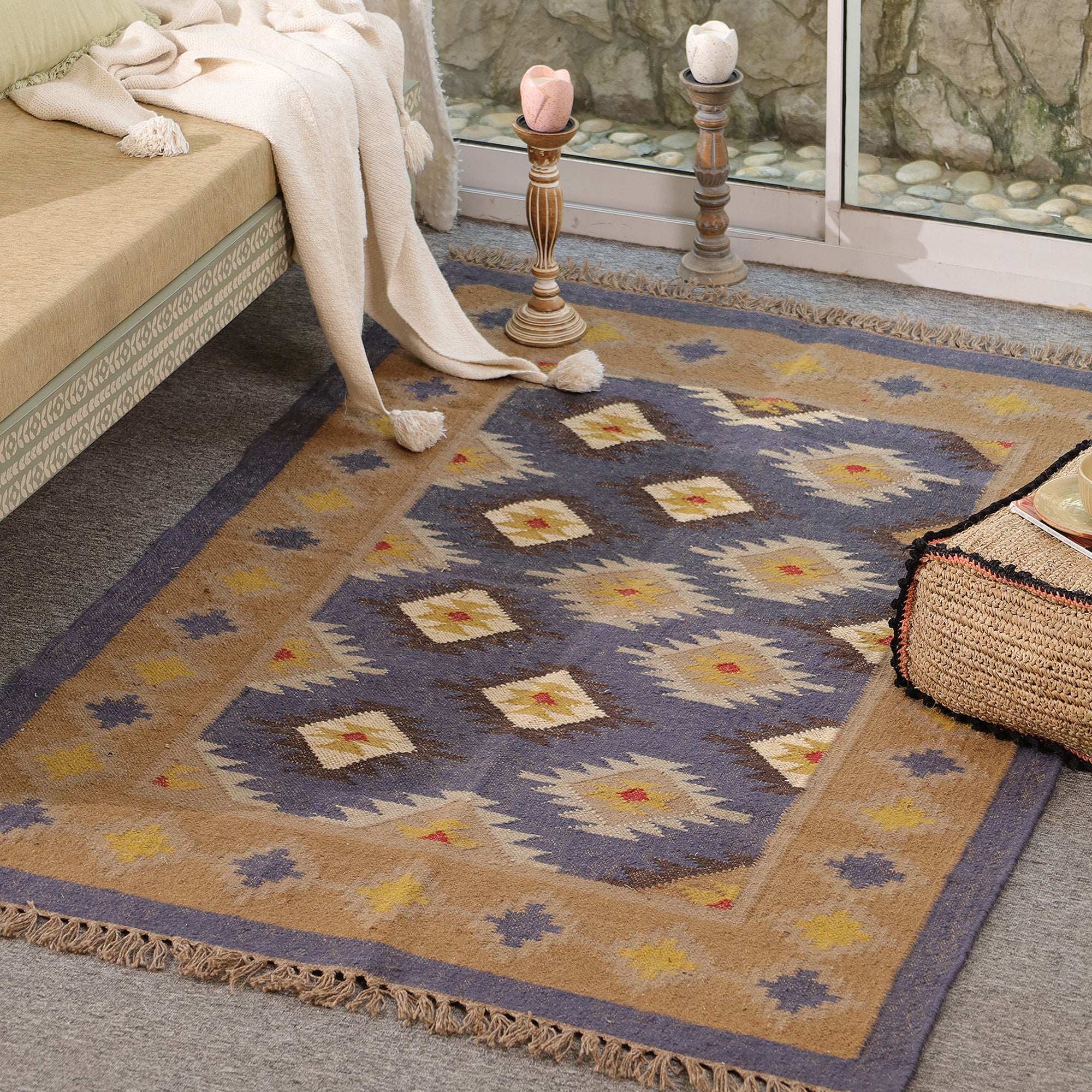 Handmade Kilim Area Rug Handwoven Boho Tribal Rug with Fringe Vintage Geometric