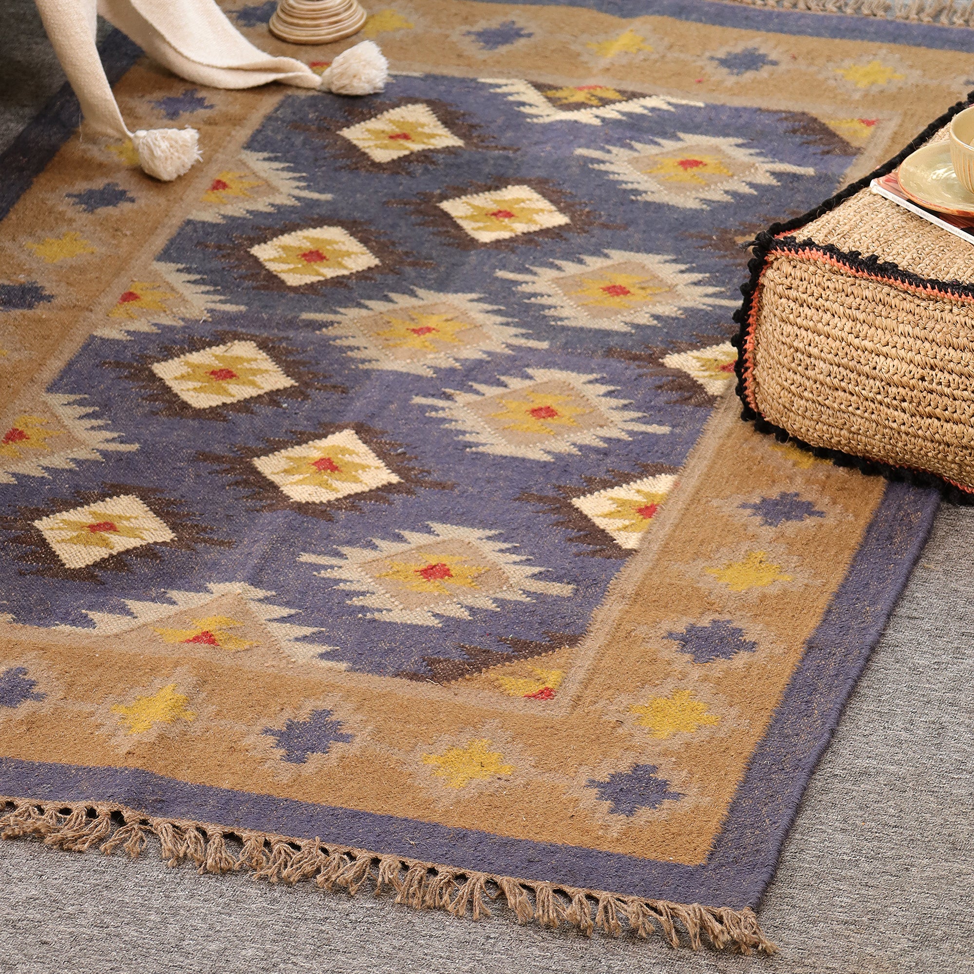 Handmade Kilim Area Rug Handwoven Boho Tribal Rug with Fringe Vintage Geometric