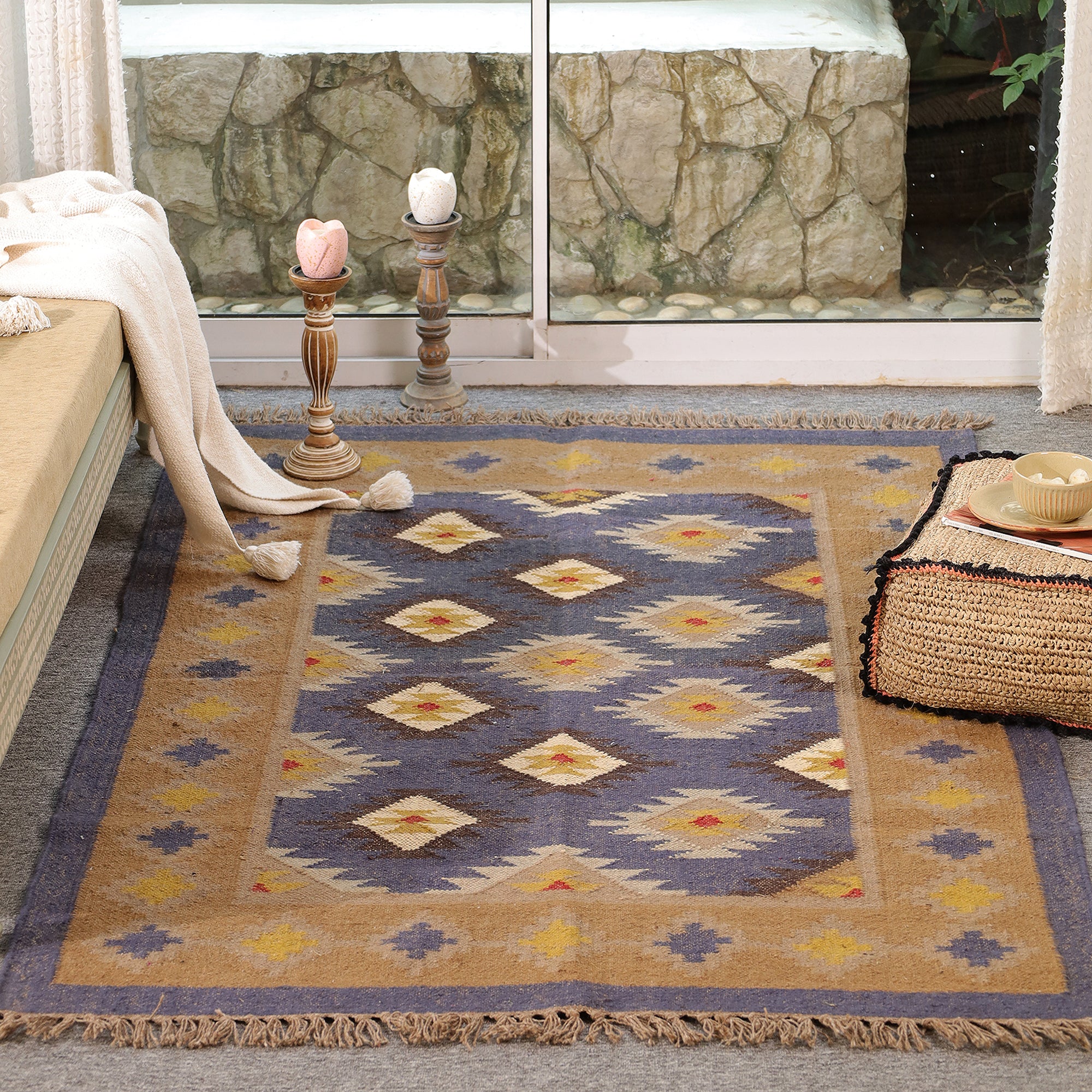 Handmade Kilim Area Rug Handwoven Boho Tribal Rug with Fringe Vintage Geometric