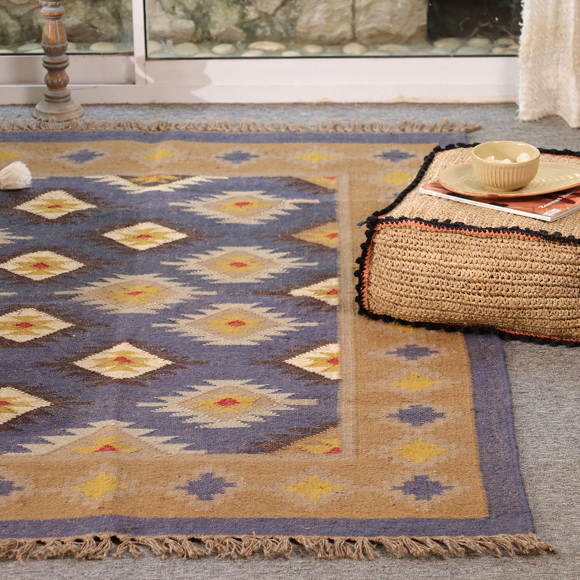 Handmade Kilim Area Rug Handwoven Boho Tribal Rug with Fringe Vintage Geometric