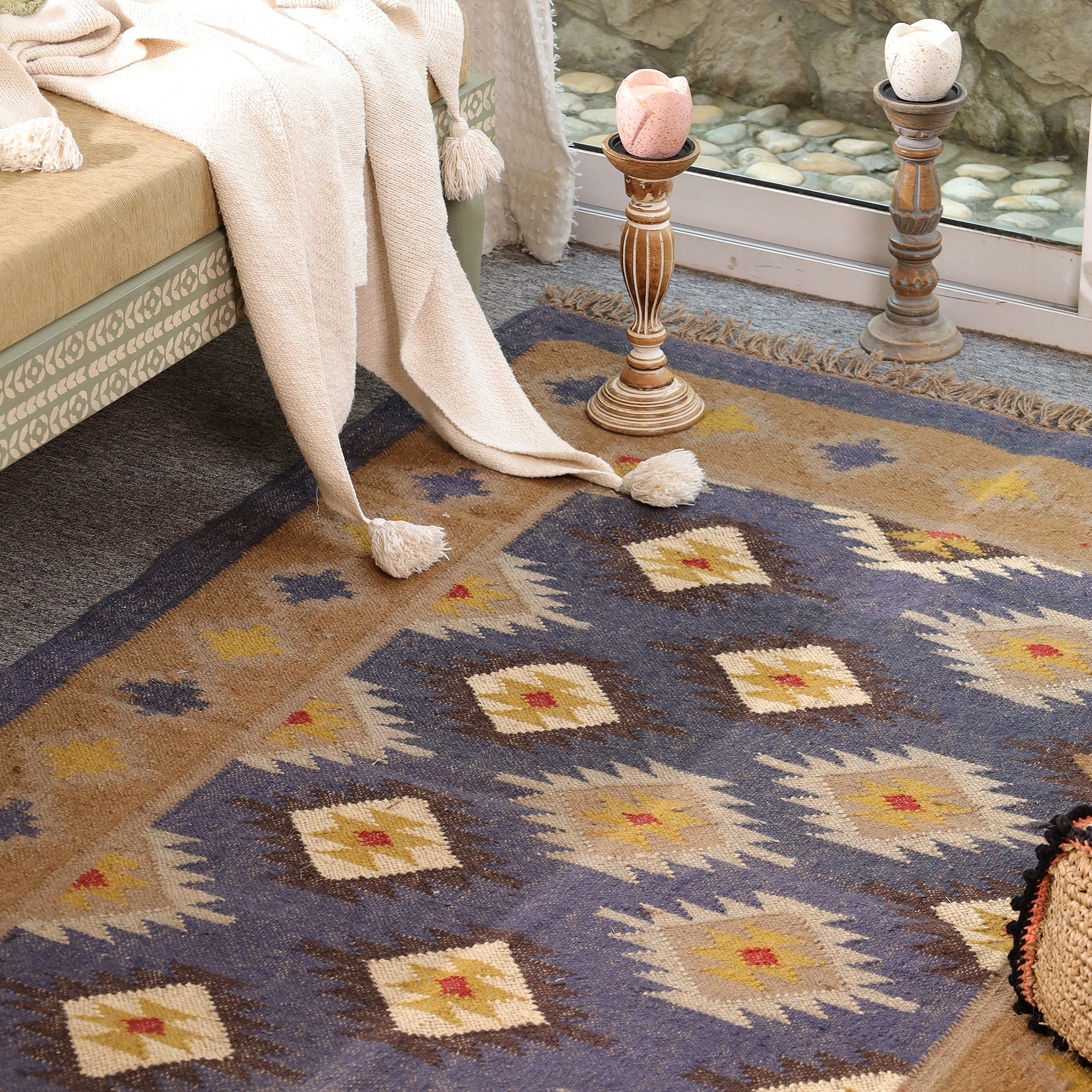 Handmade Kilim Area Rug Handwoven Boho Tribal Rug with Fringe Vintage Geometric