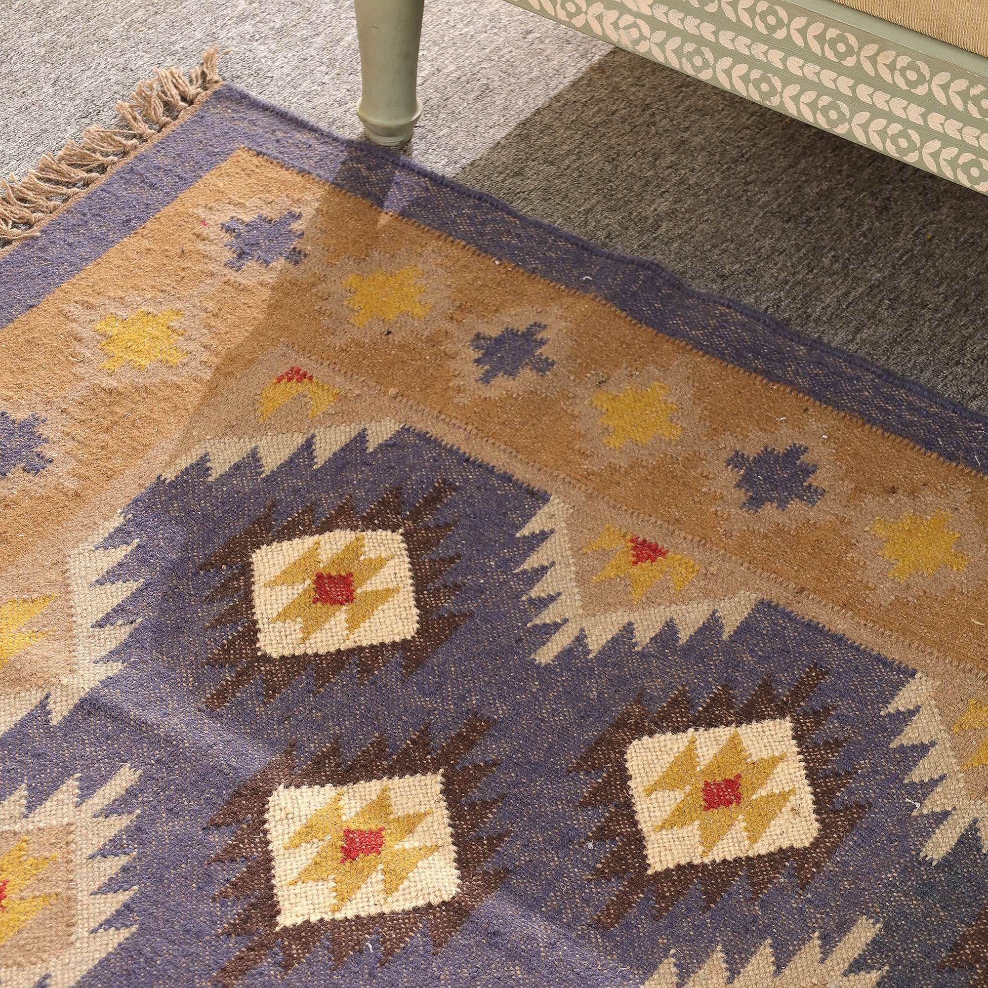 Handmade Kilim Area Rug Handwoven Boho Tribal Rug with Fringe Vintage Geometric
