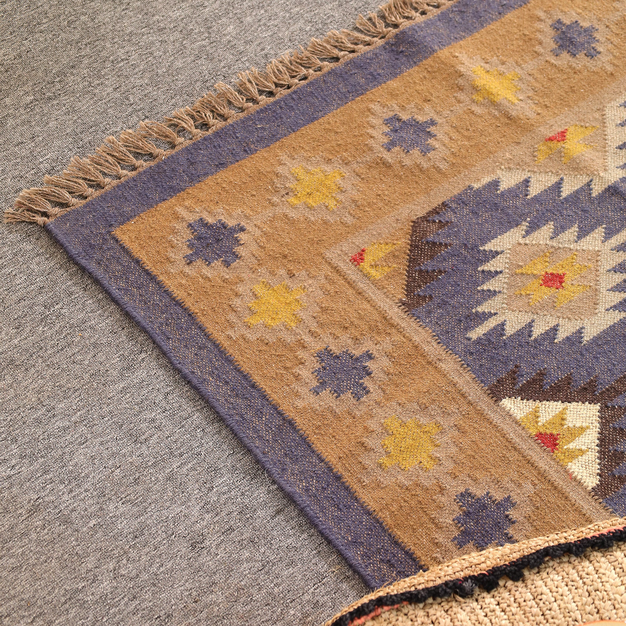 Handmade Kilim Area Rug Handwoven Boho Tribal Rug with Fringe Vintage Geometric