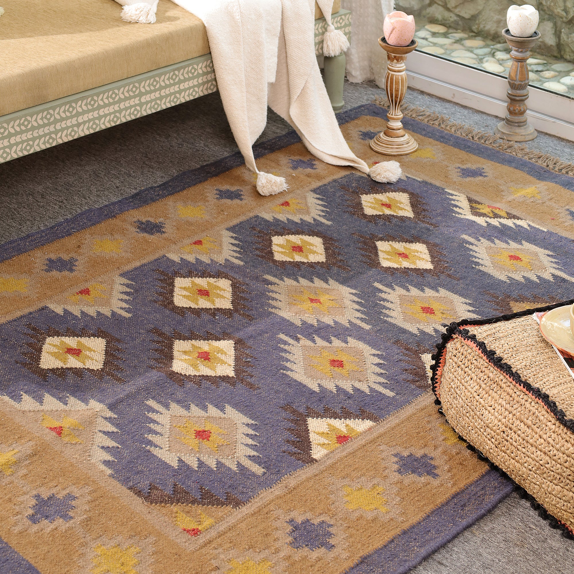 Handmade Kilim Area Rug Handwoven Boho Tribal Rug with Fringe Vintage Geometric