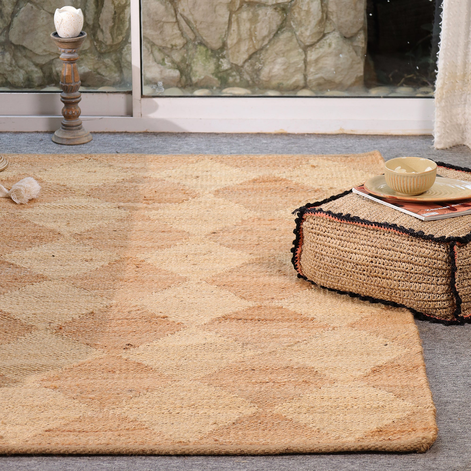 Handmade Geometric Jute Area Rug Natural Woven Boho Rug Eco-Friendly Living Room