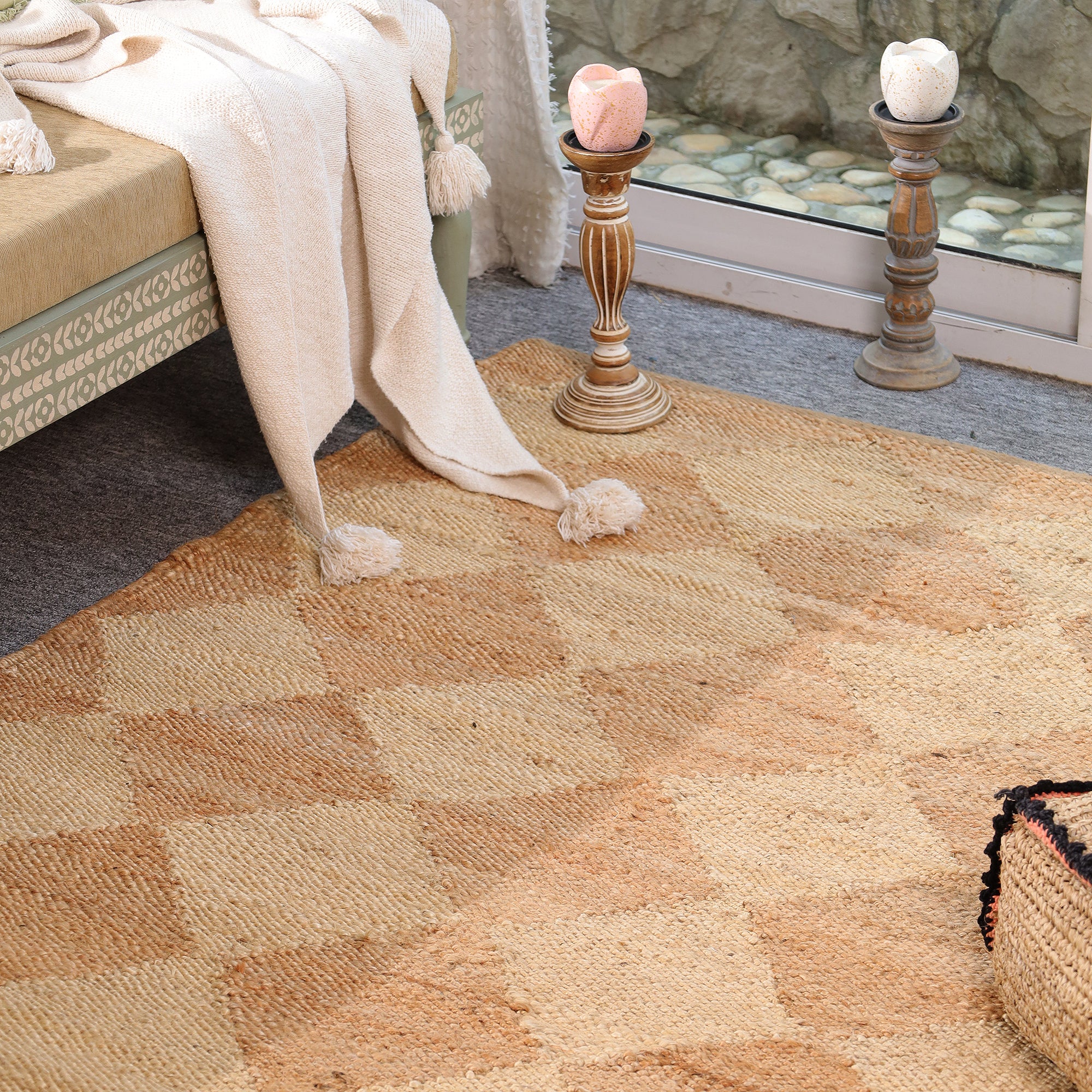 Handmade Geometric Jute Area Rug Natural Woven Boho Rug Eco-Friendly Living Room