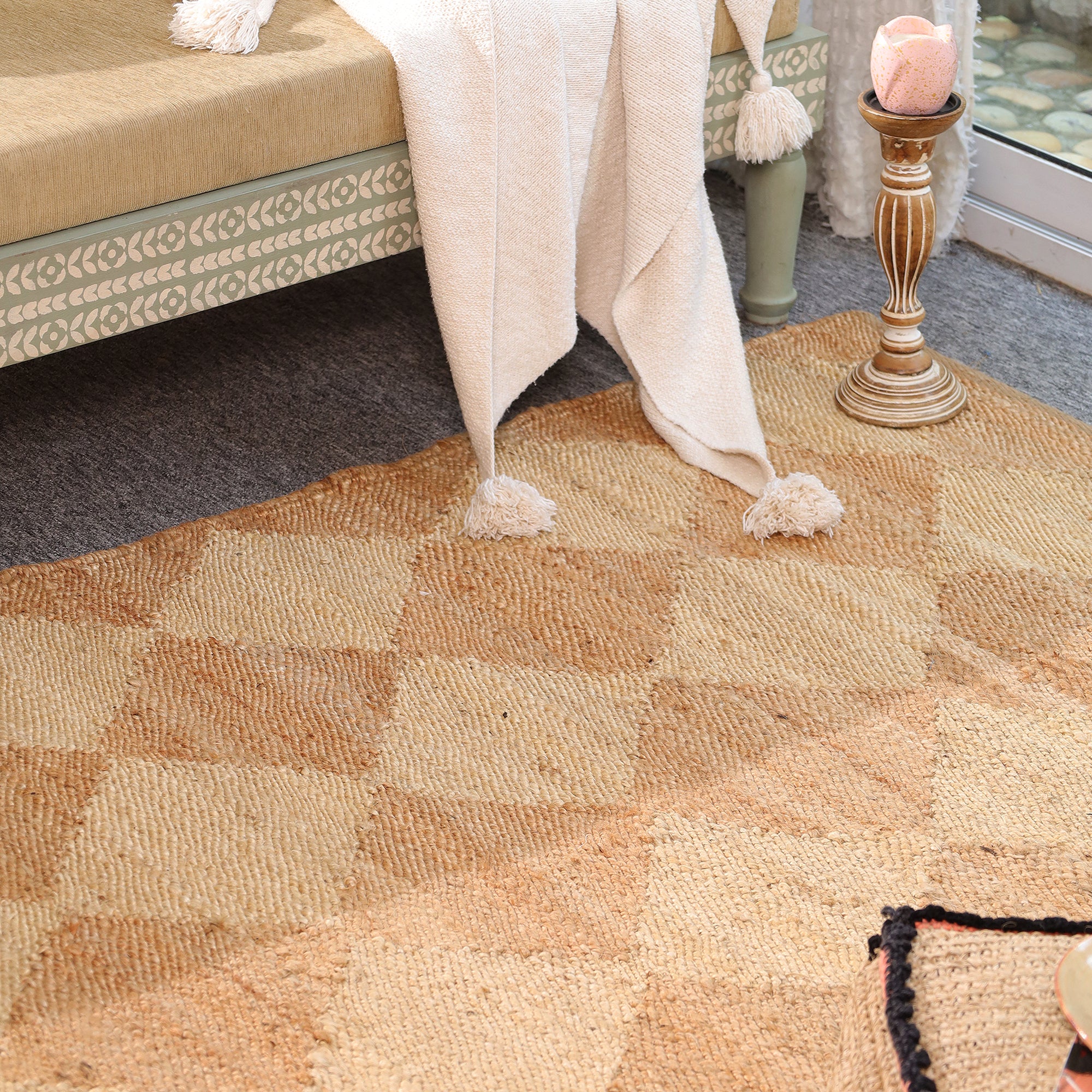 Handmade Geometric Jute Area Rug Natural Woven Boho Rug Eco-Friendly Living Room