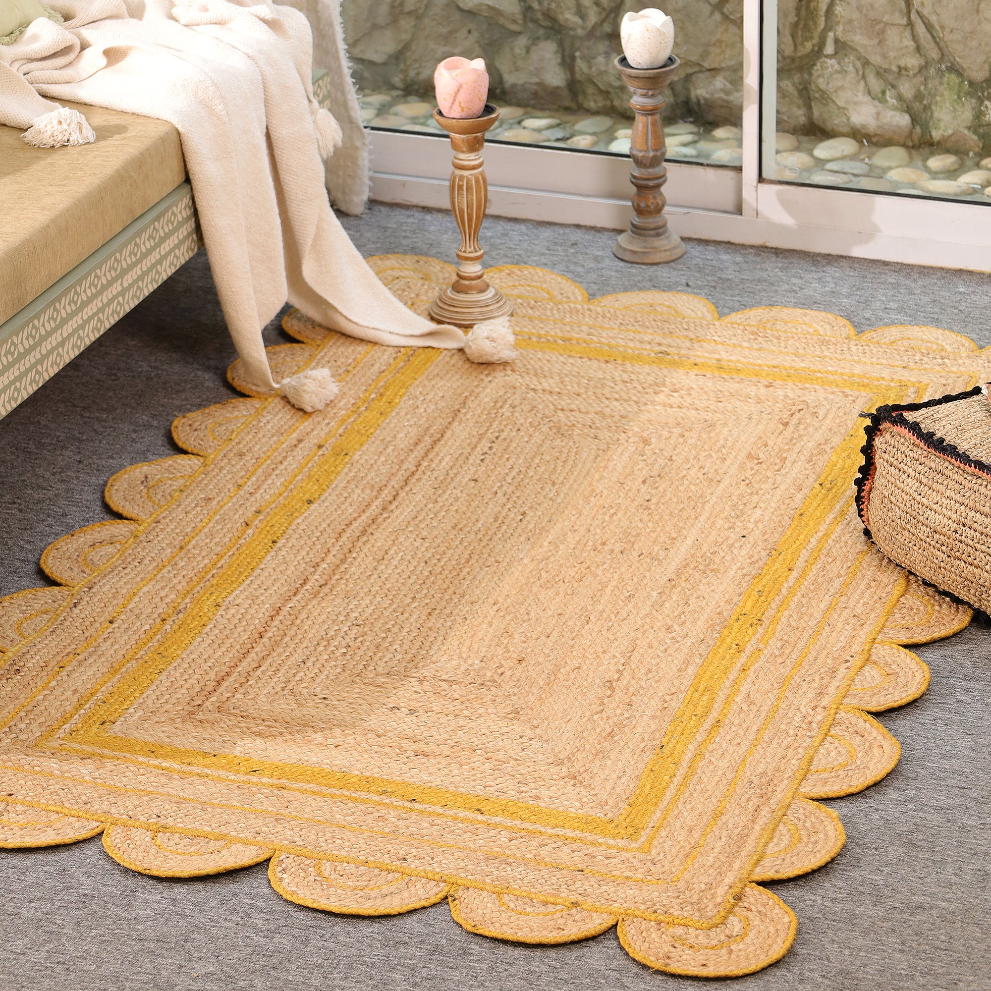 Handmade Scalloped Jute Area Rug with yellow Border Natural woven Boho Rug