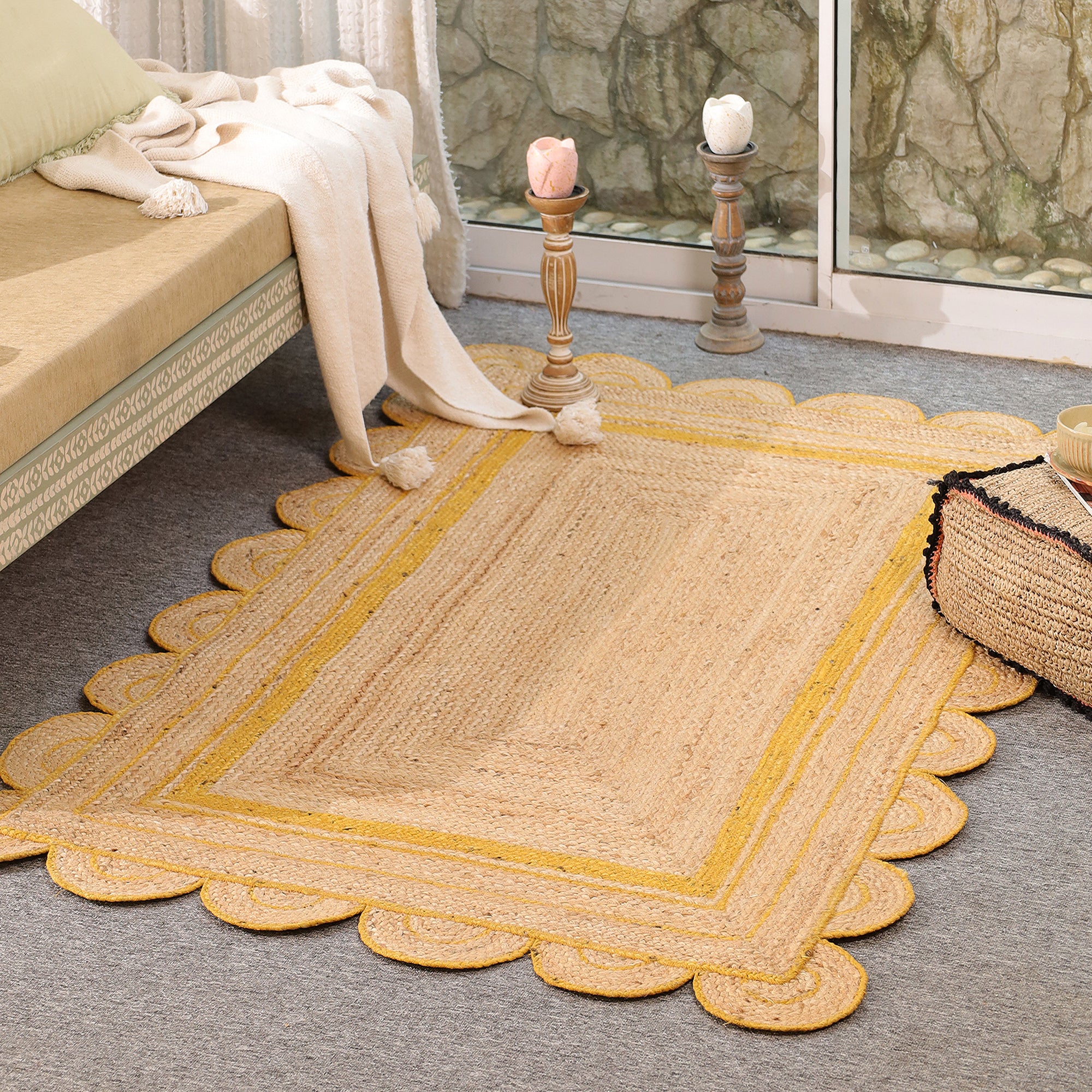 Handmade Scalloped Jute Area Rug with yellow Border Natural woven Boho Rug