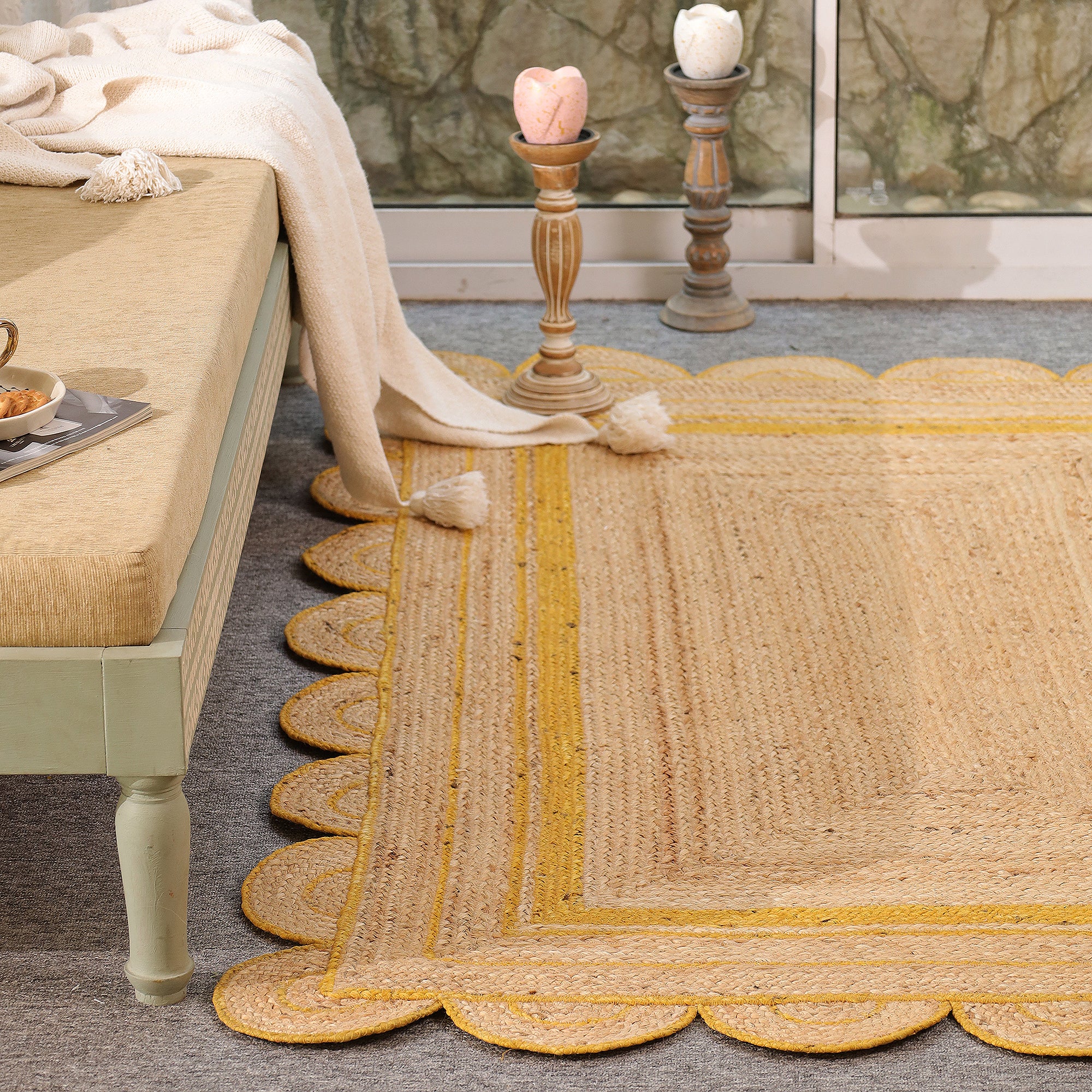 Handmade Scalloped Jute Area Rug with yellow Border Natural woven Boho Rug