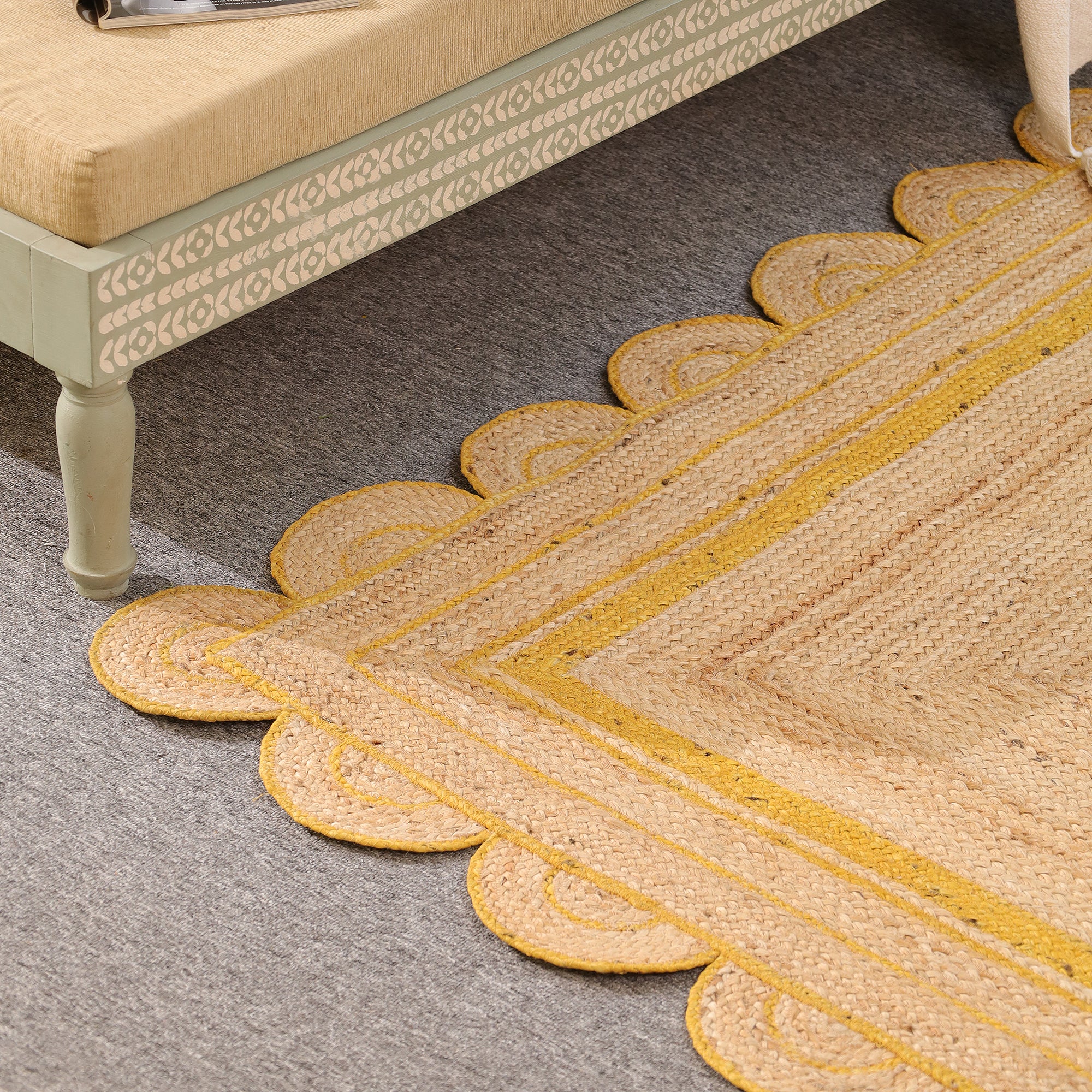 Handmade Scalloped Jute Area Rug with yellow Border Natural woven Boho Rug