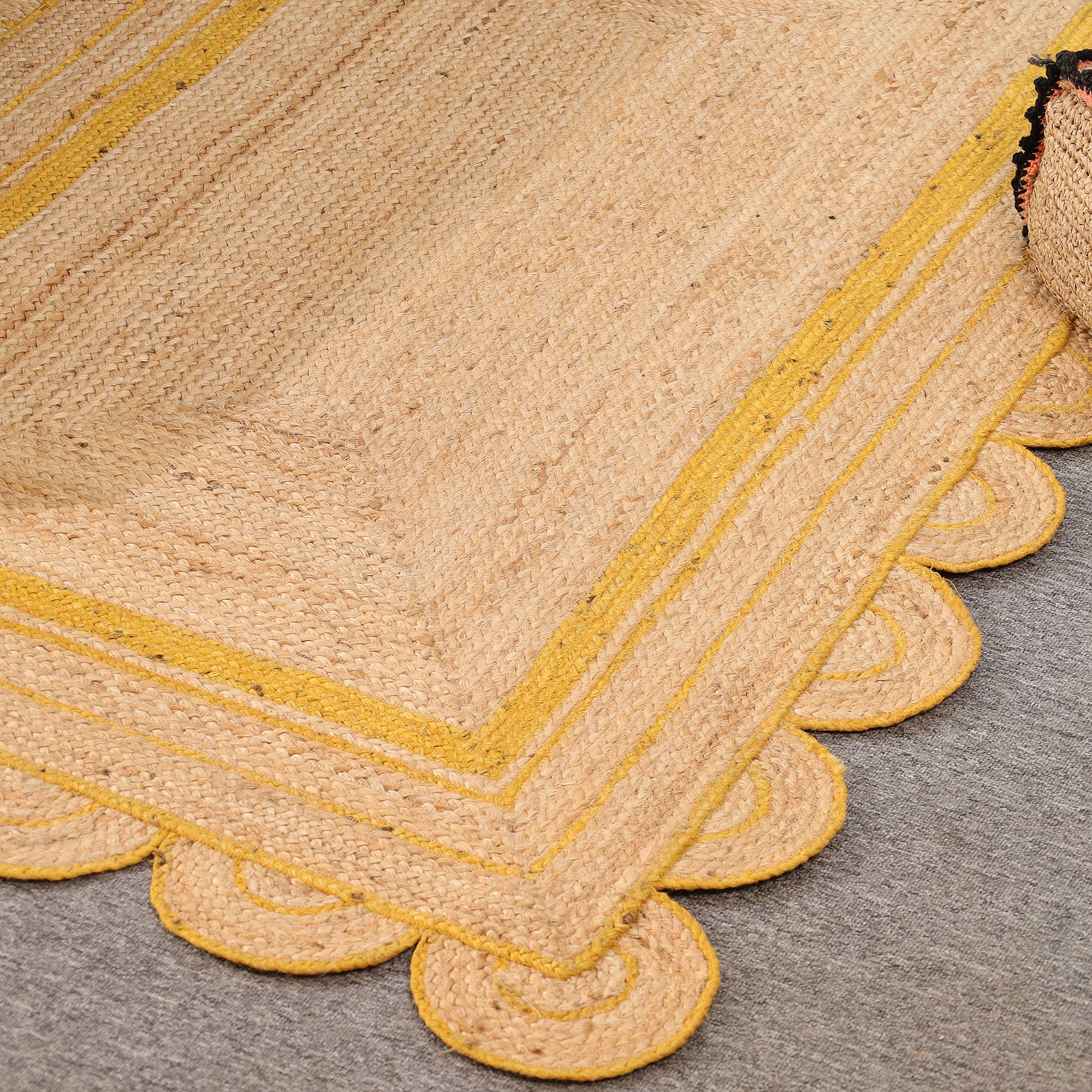Handmade Scalloped Jute Area Rug with yellow Border Natural woven Boho Rug