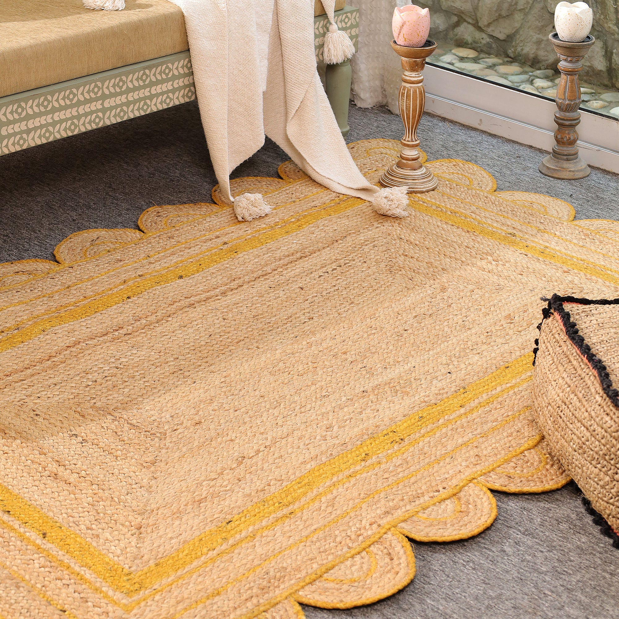 Handmade Scalloped Jute Area Rug with yellow Border Natural woven Boho Rug