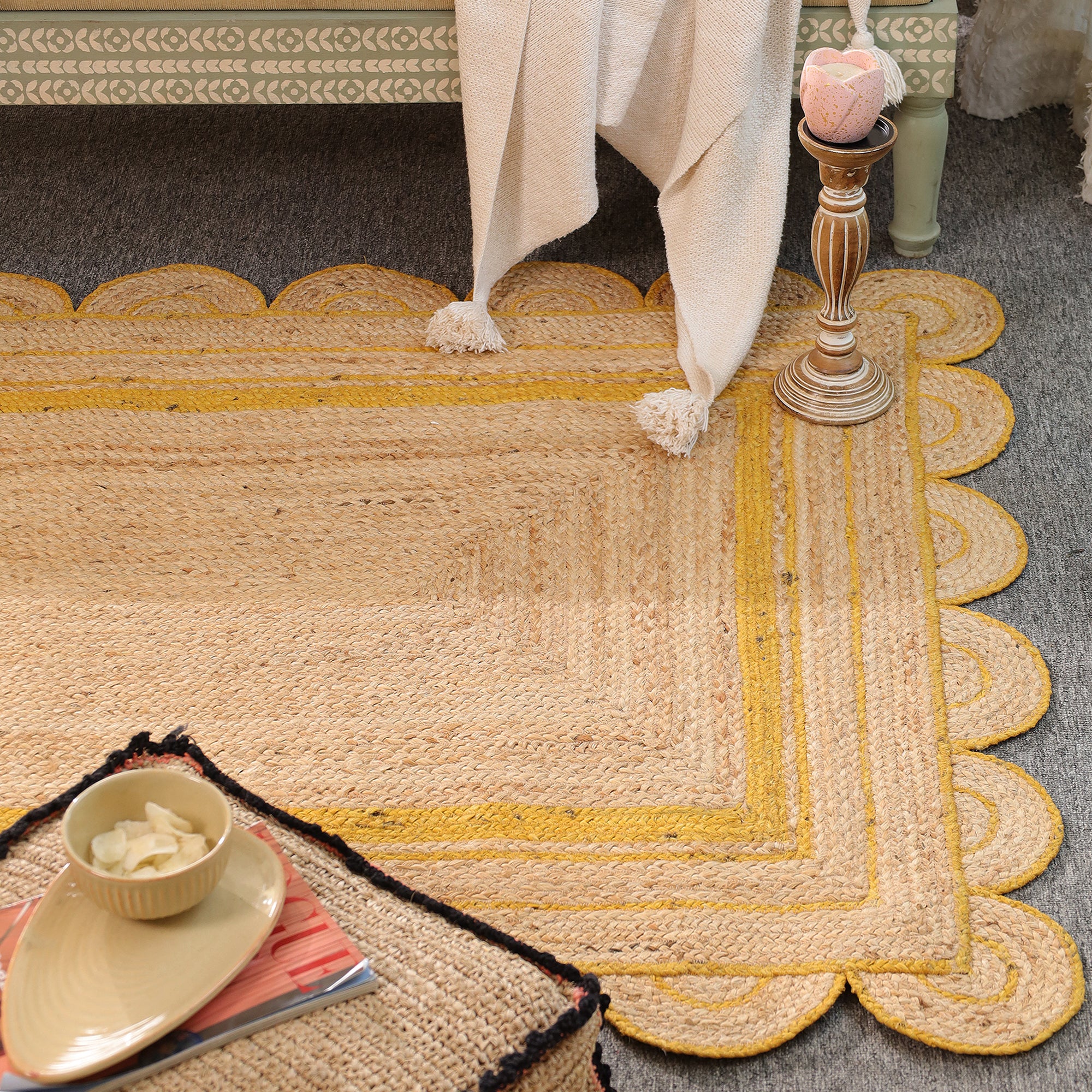 Handmade Scalloped Jute Area Rug with yellow Border Natural woven Boho Rug