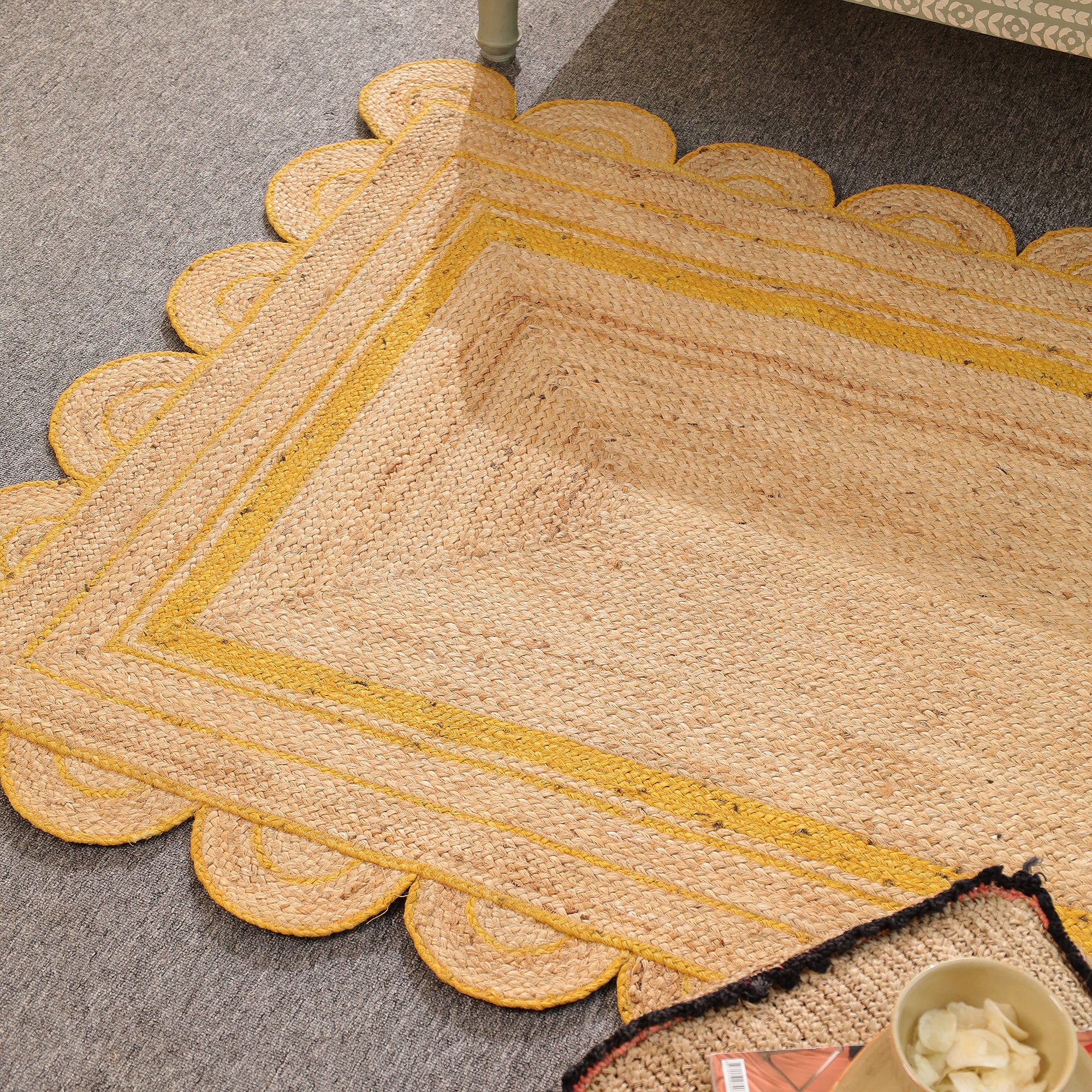 Handmade Scalloped Jute Area Rug with yellow Border Natural woven Boho Rug