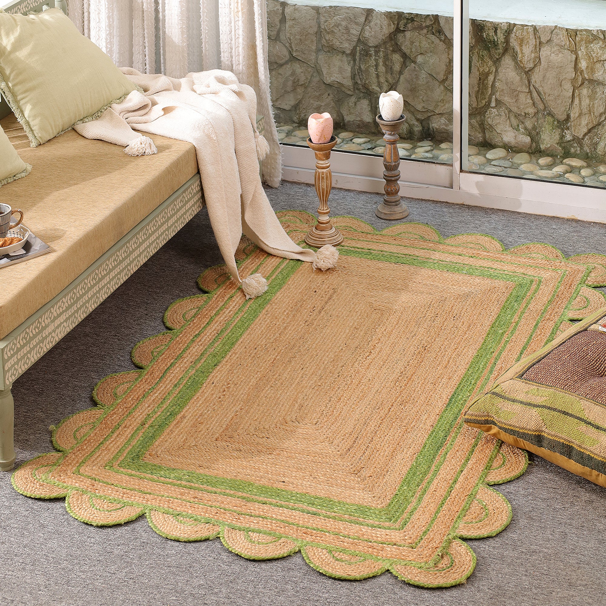 Handmade Natural Jute Scalloped Area Rug with Green Border Boho Farmhouse Rug