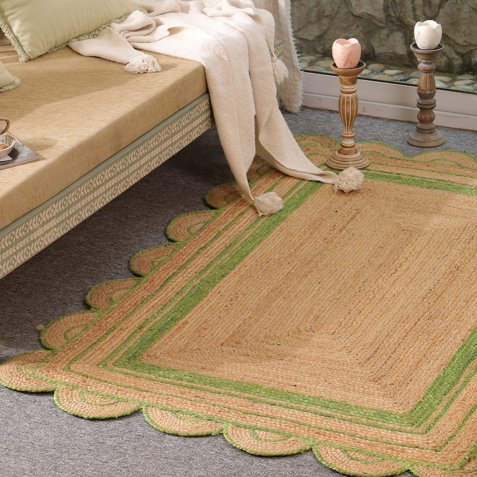 Handmade Natural Jute Scalloped Area Rug with Green Border Boho Farmhouse Rug