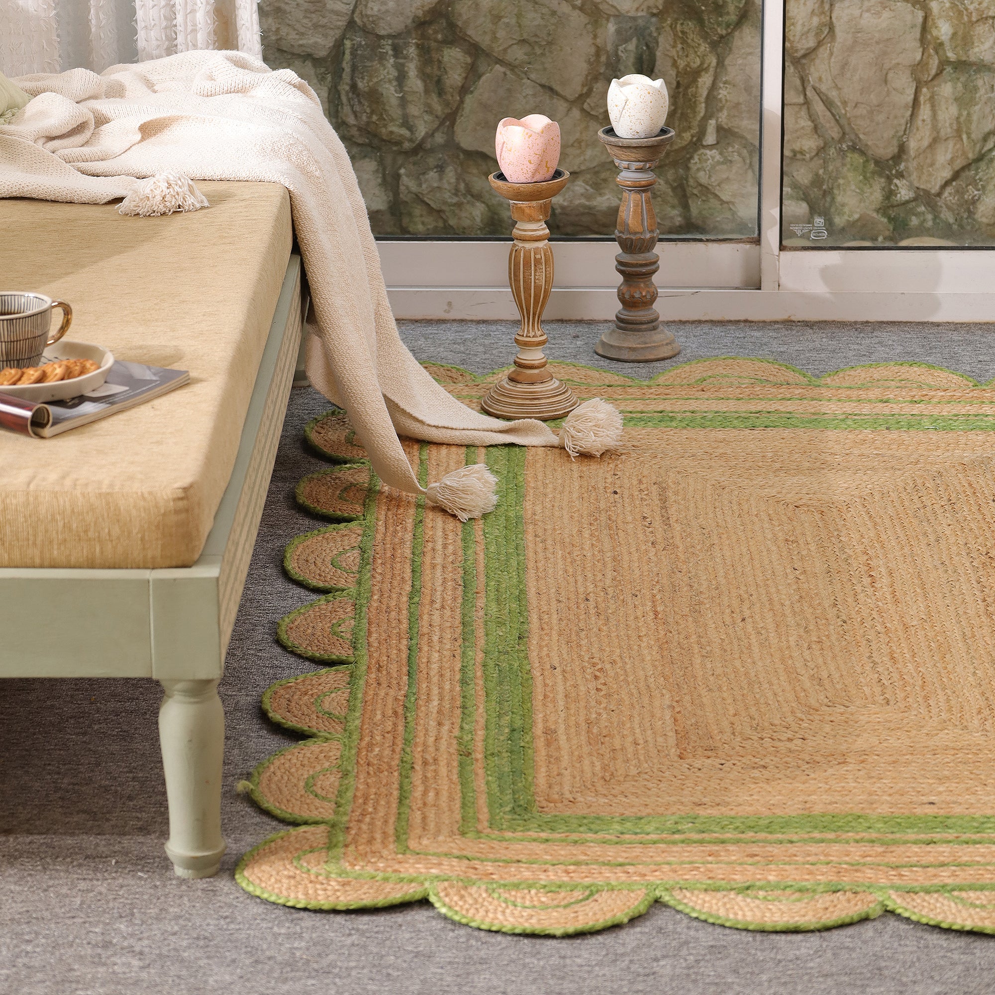Handmade Natural Jute Scalloped Area Rug with Green Border Boho Farmhouse Rug