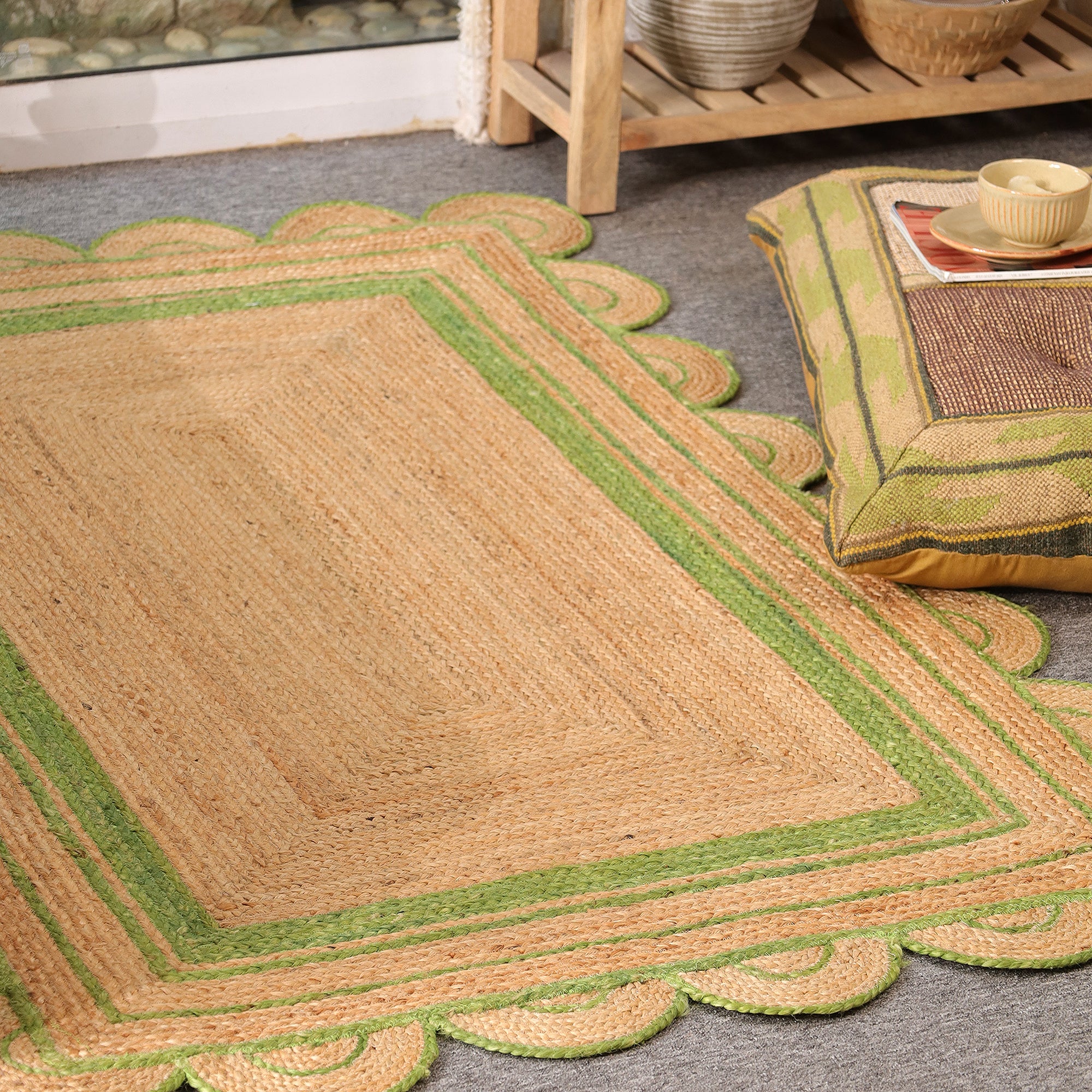 Handmade Natural Jute Scalloped Area Rug with Green Border Boho Farmhouse Rug