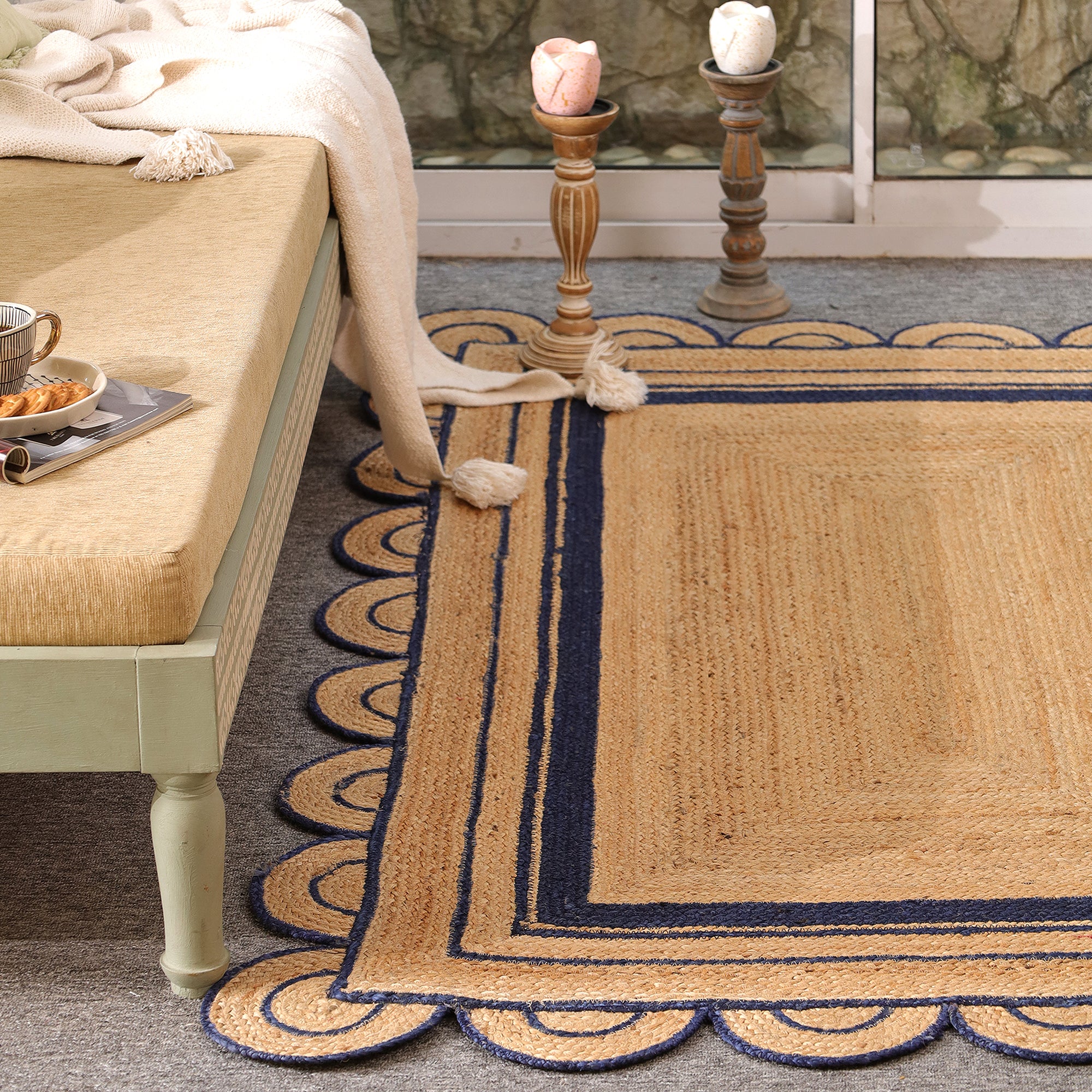 Handwoven Natural Jute Area Rug with Navy Blue Scalloped Border Farmhouse Boho Living Room Rug