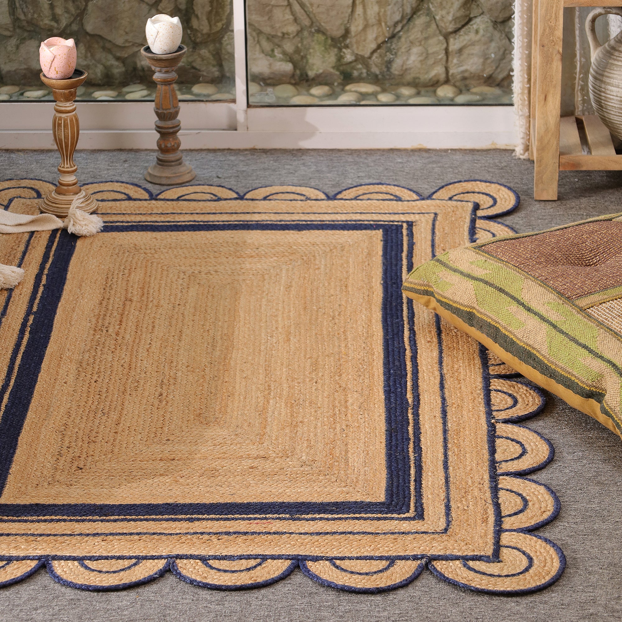 Handwoven Natural Jute Area Rug with Navy Blue Scalloped Border Farmhouse Boho Living Room Rug